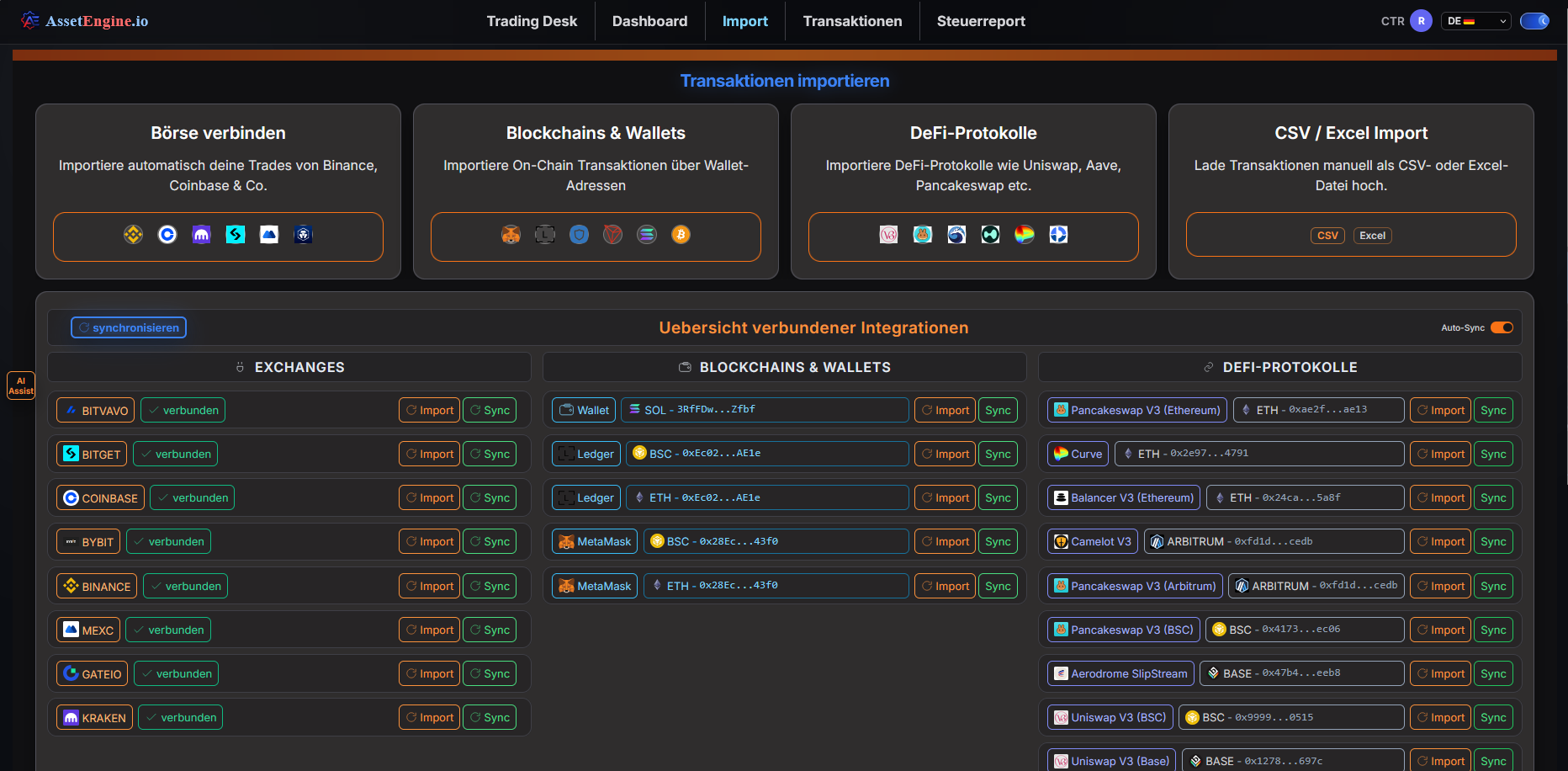 Transaktionen importieren — Börse verbinden, Wallets, DeFi und CSV Import