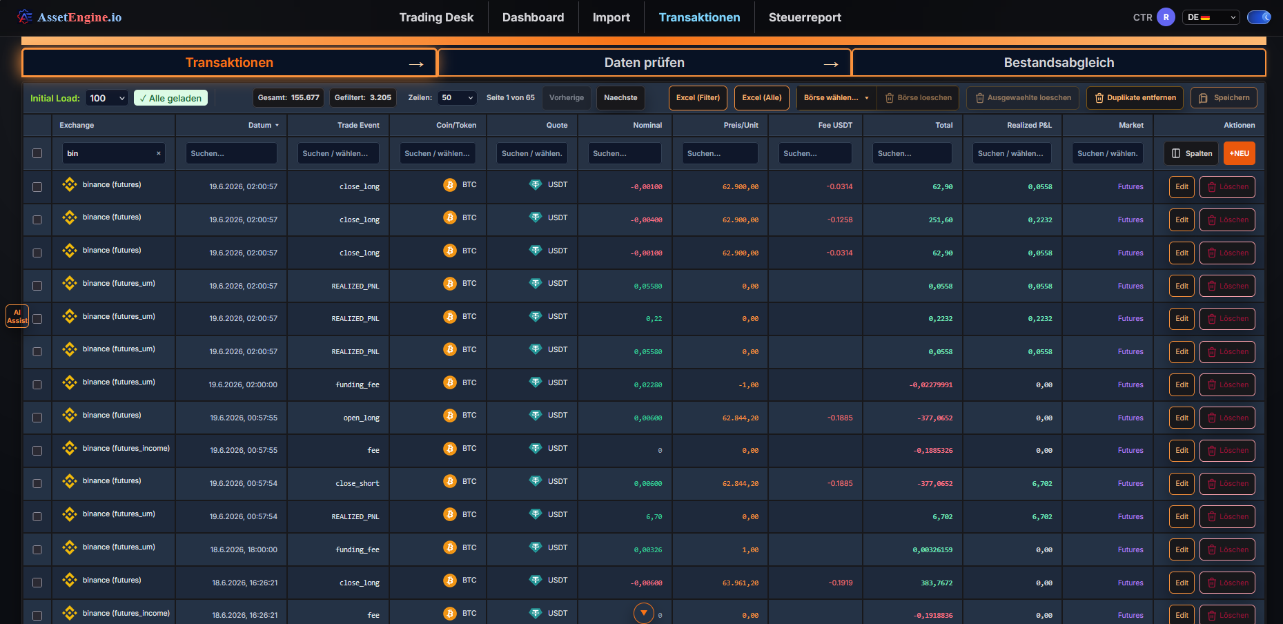 Transaktionsübersicht mit allen Krypto-Trades aus verbundenen Exchanges und Wallets
