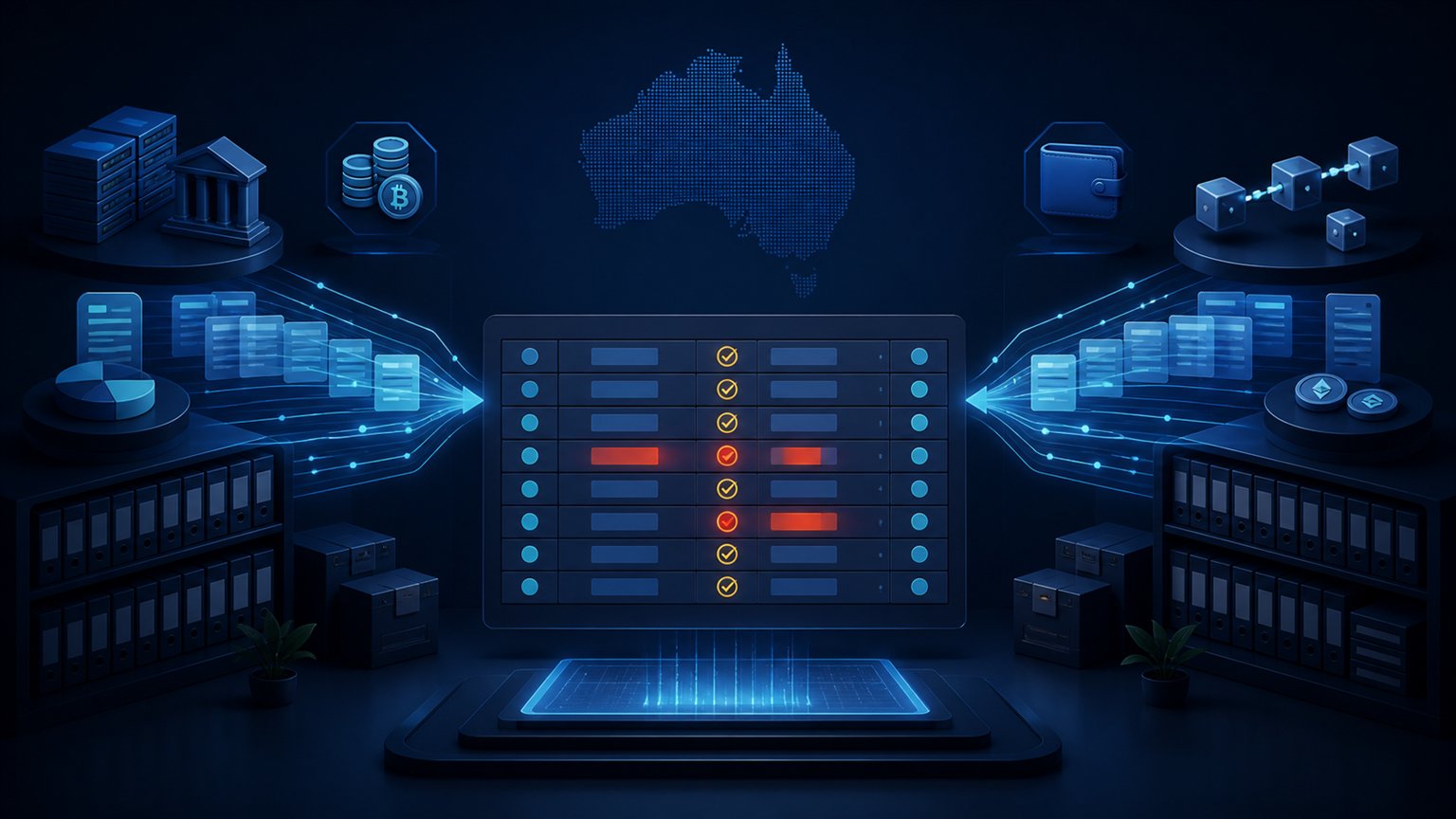 Modern editorial illustration for the crypto tax article “ATO Crypto Audit Checks: What Data Matching Can Reveal”