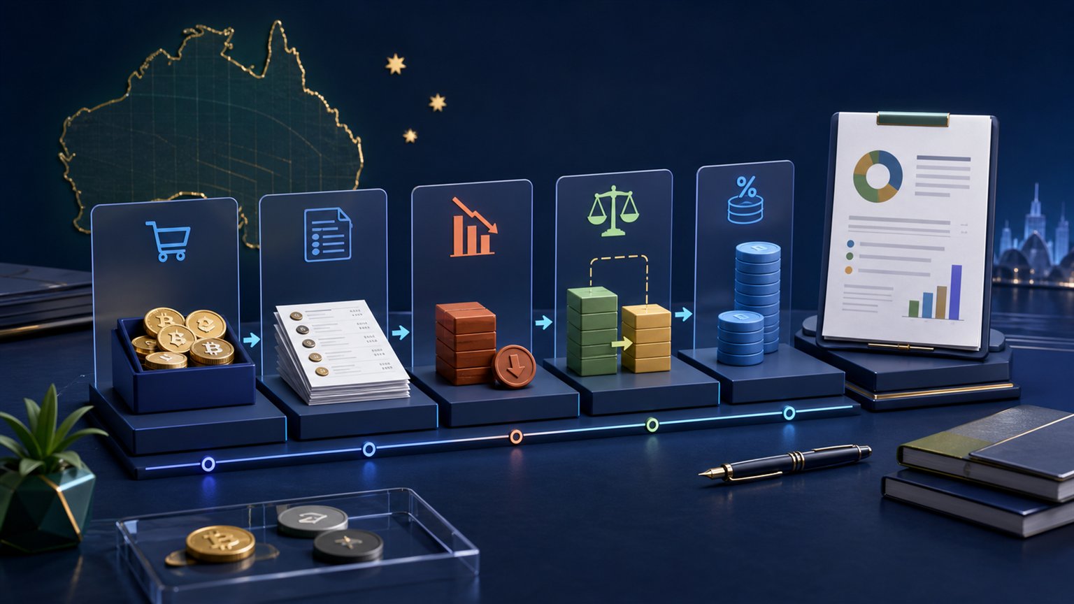 Modern editorial illustration for the crypto tax article “ATO Crypto Tax Example 2025–26: Complete Calculation”