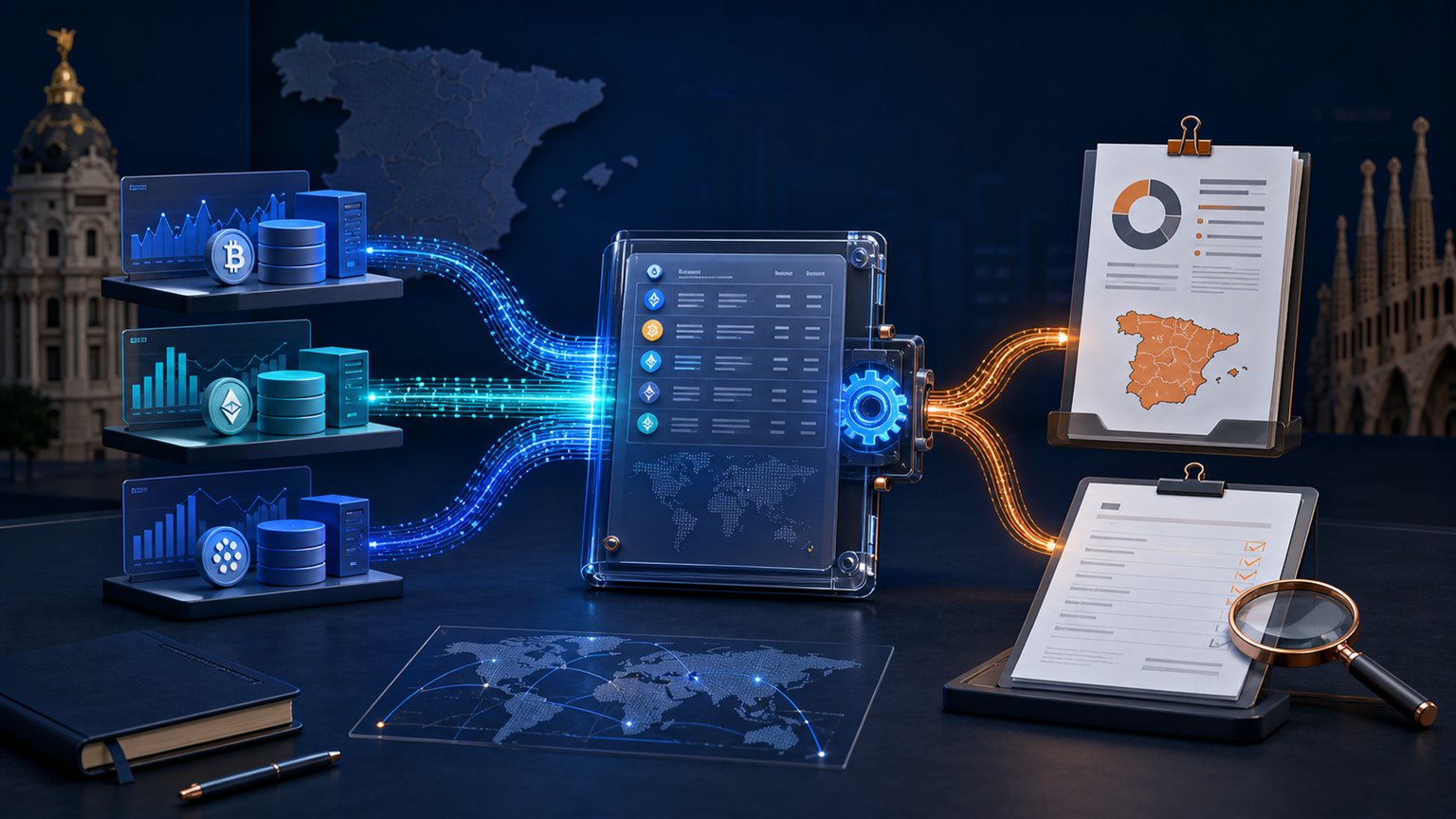 Modern editorial illustration for the crypto tax article “Informe fiscal de Binance, Coinbase y Bit2Me para España 2026”