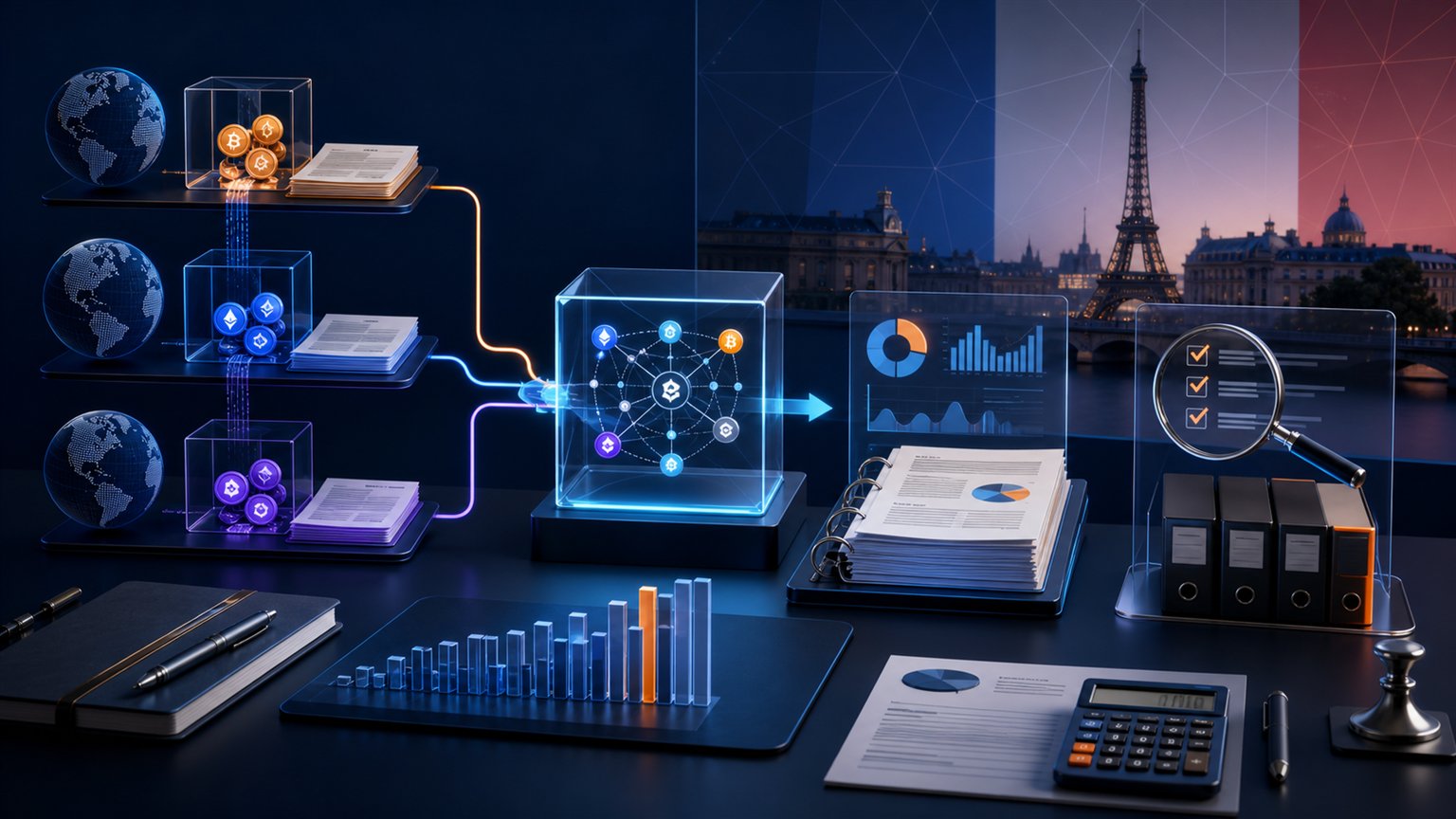 Modern editorial illustration for the crypto tax article “Binance, Coinbase et Kraken : préparer son rapport fiscal crypto en France”