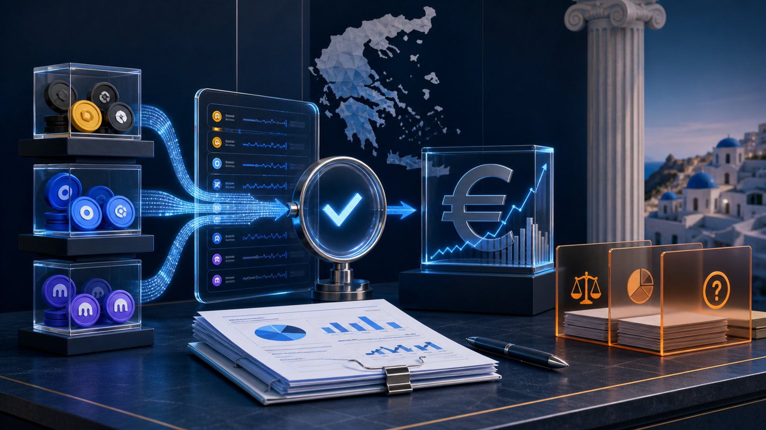 Modern editorial illustration for the crypto tax article “Binance, Coinbase and Kraken Tax Reports for Greece in 2026”