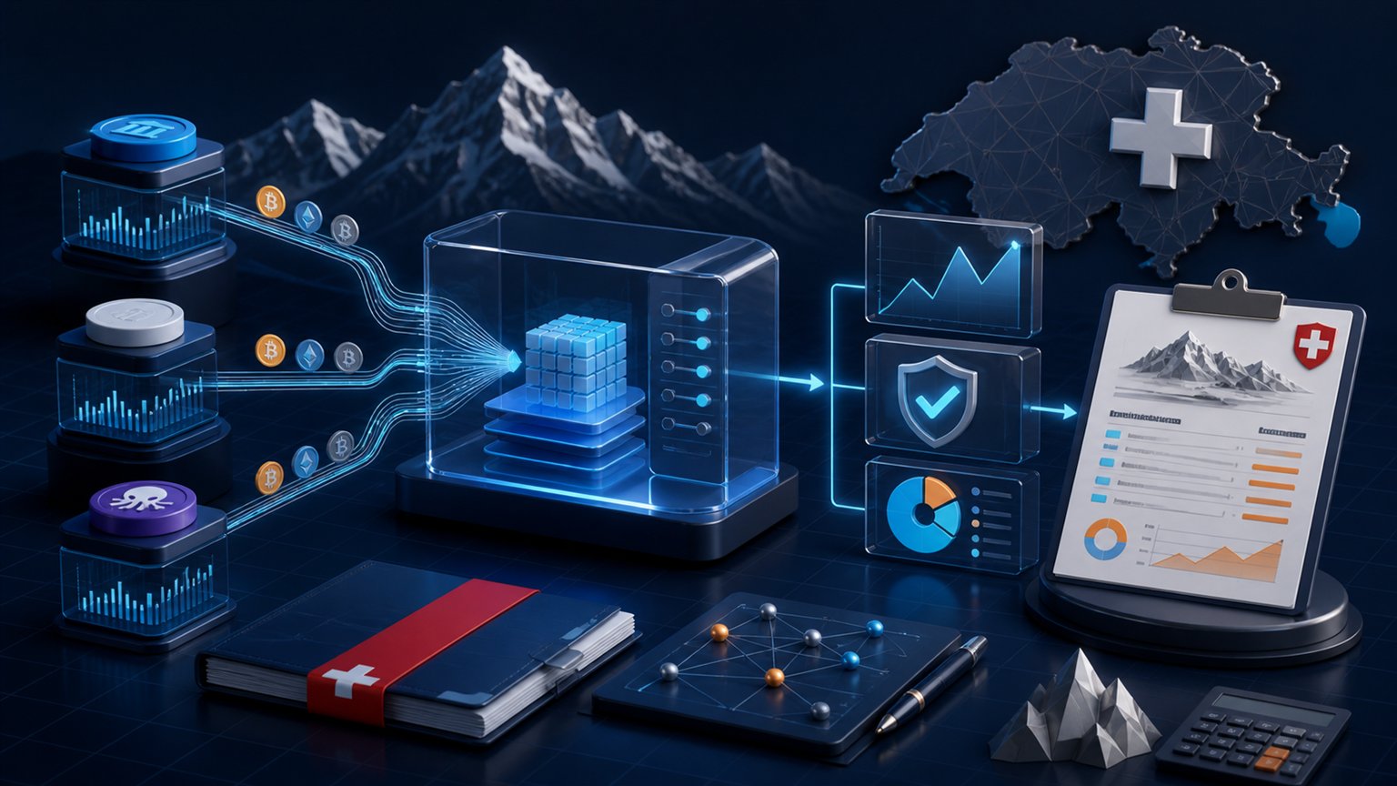 Modern editorial illustration for the crypto tax article “Swiss Crypto Tax Report 2026: Binance, Coinbase and Kraken”