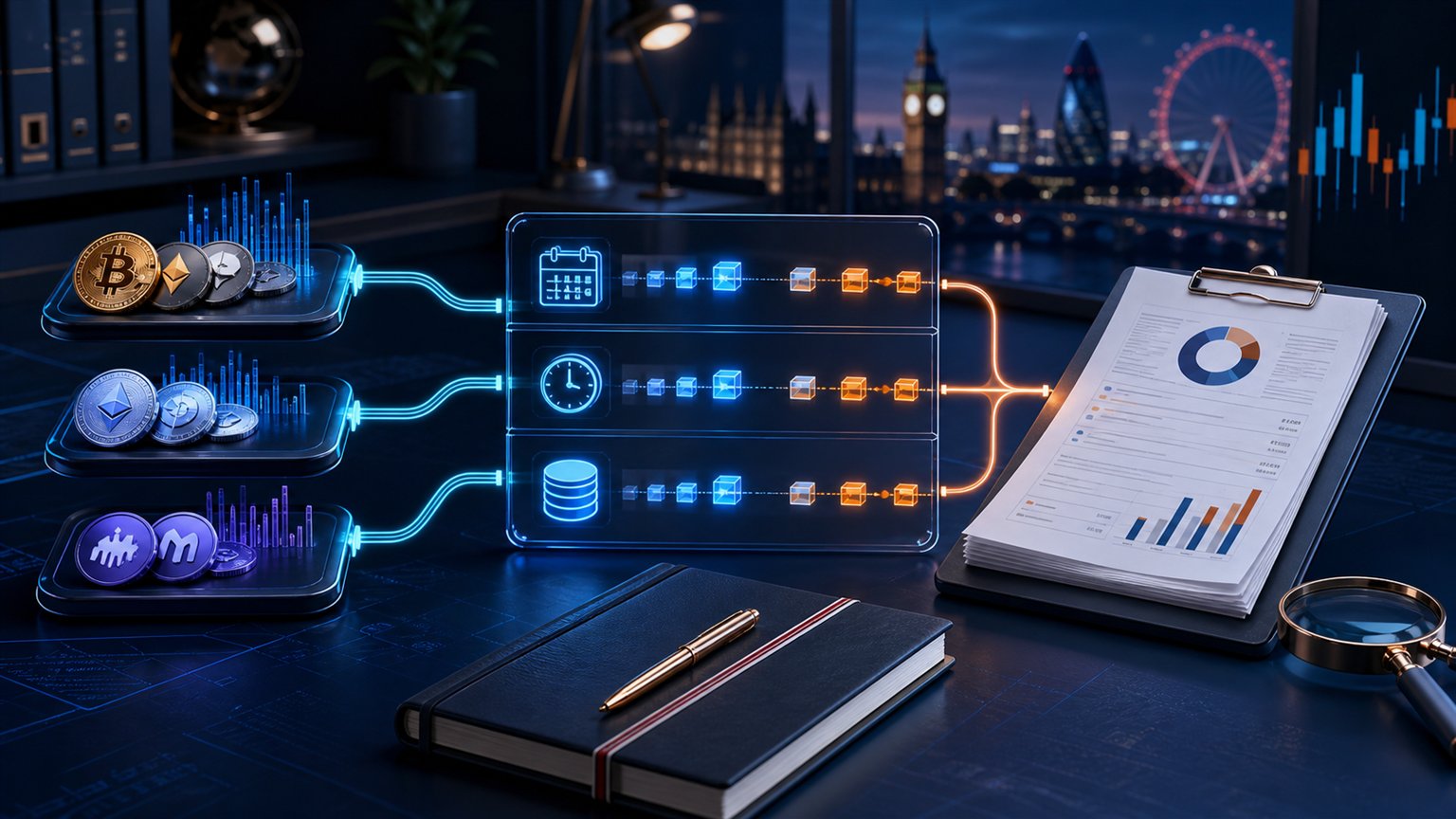 Modern editorial illustration for the crypto tax article “Binance, Coinbase and Kraken Tax Reports for UK Self Assessment”