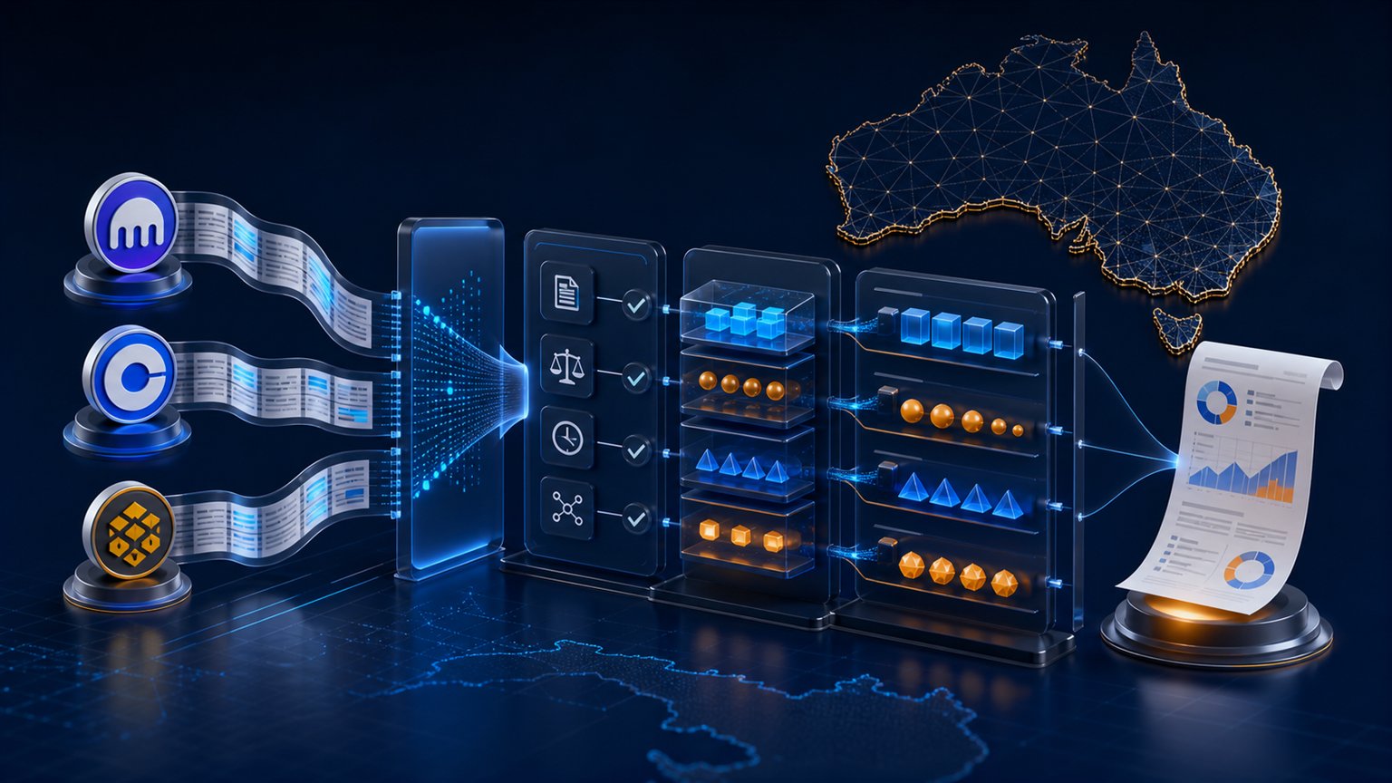 Modern editorial illustration for the crypto tax article “Australian Crypto Tax Software for Binance, Coinbase and Kraken”