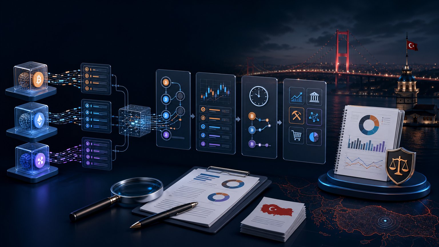 Modern editorial illustration for the crypto tax article “Binance, Coinbase ve Kraken verileriyle Türkiye kripto vergi raporu”