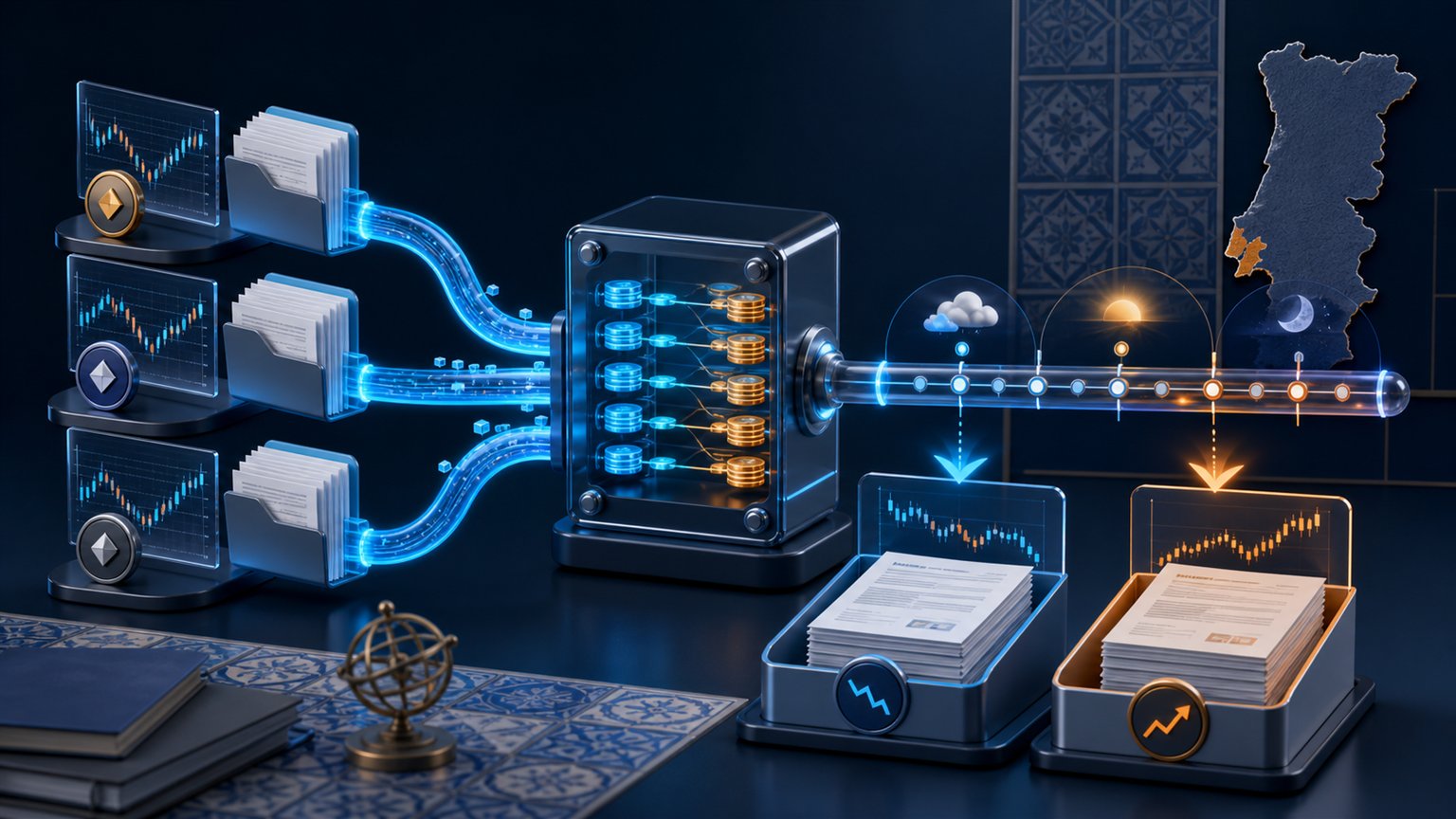Modern editorial illustration for the crypto tax article “Relatório cripto em Portugal com Binance, Crypto.com e Bitpanda”