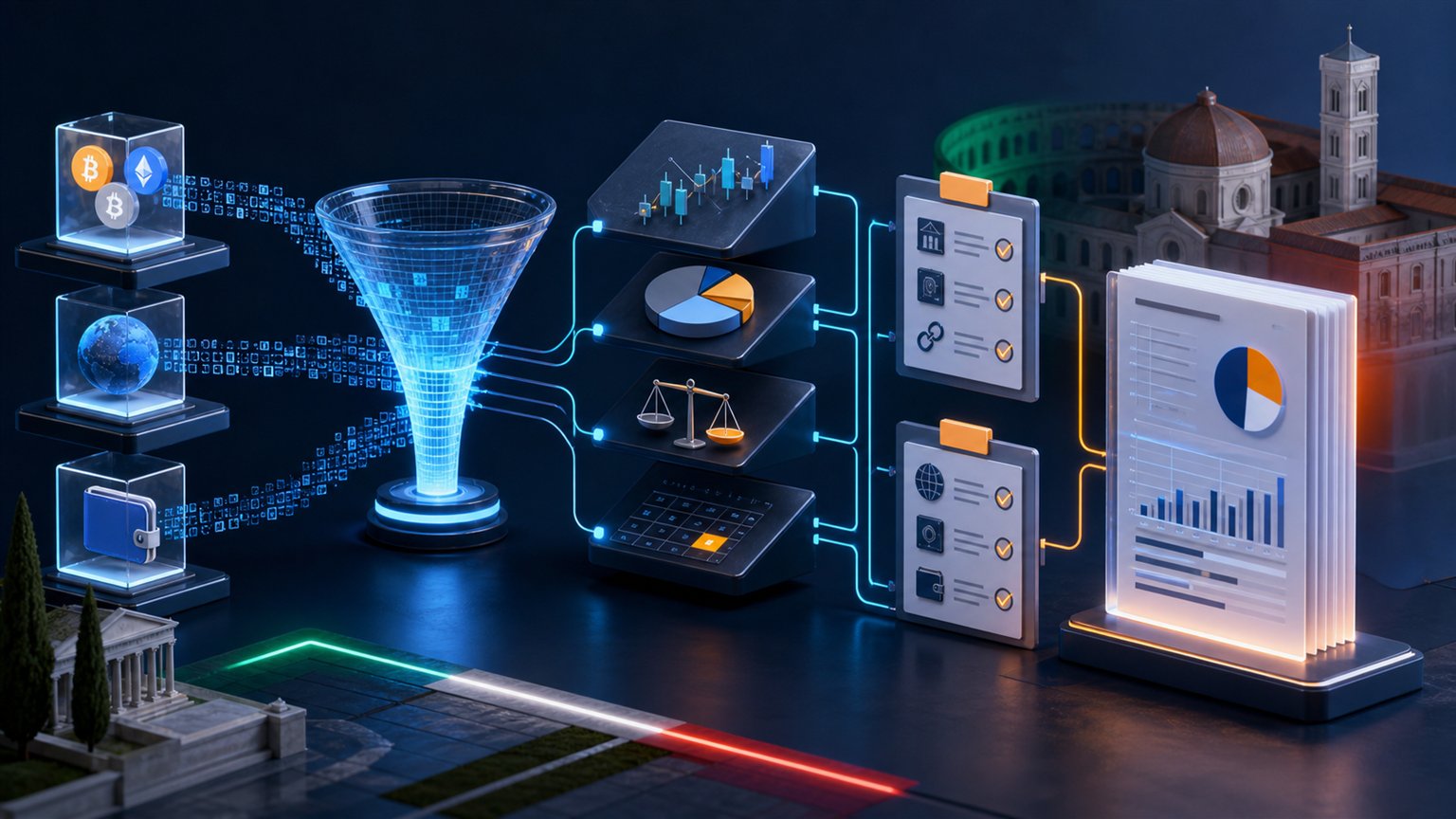 Modern editorial illustration for the crypto tax article “Report fiscale Binance, Crypto.com e Coinbase per l’Italia 2026”