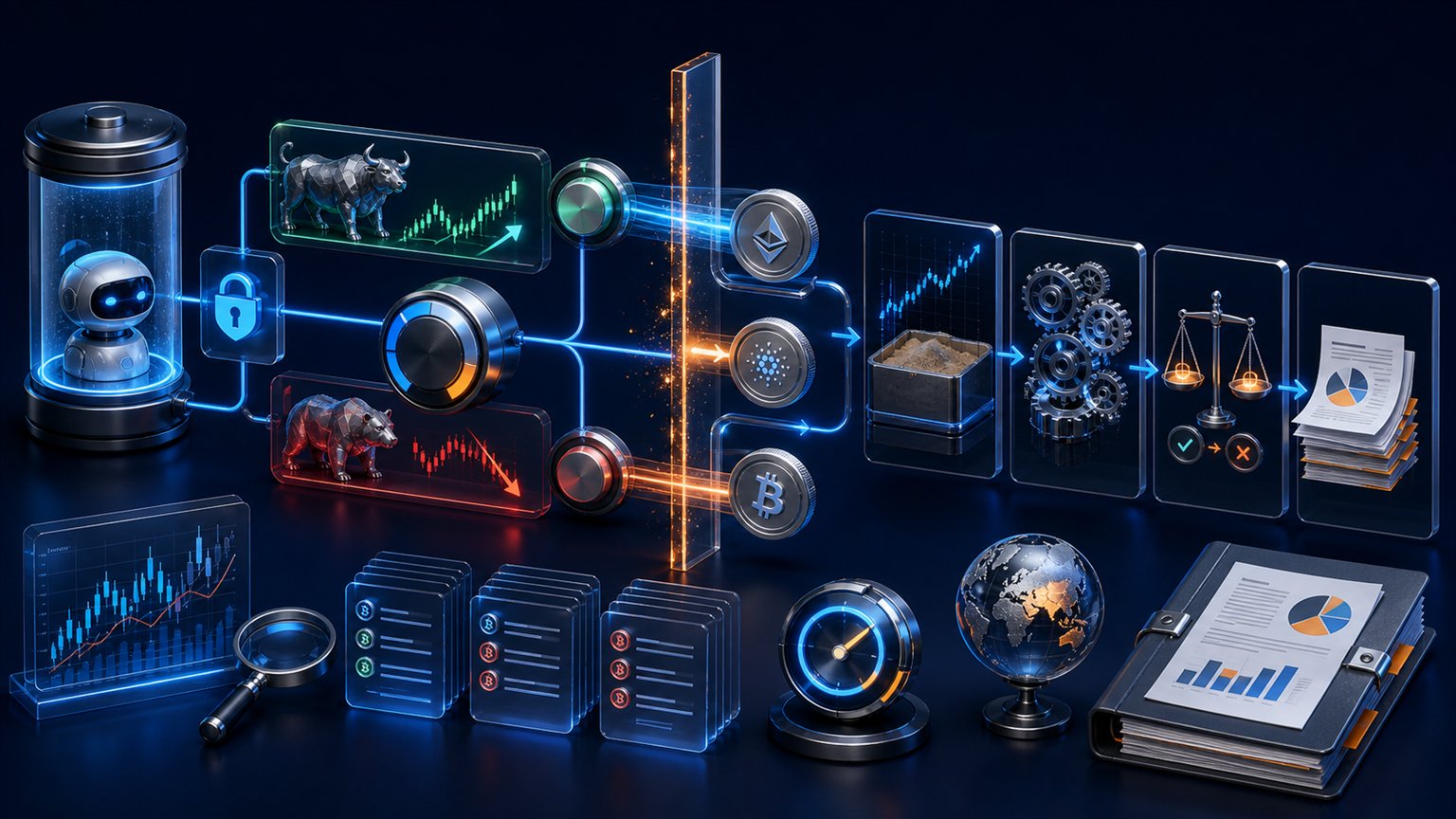 Moderne redaktionelle Illustration zum Artikel „Binance Futures Bot 2026: Funktionsweise, Risiken und Steuerdaten“ über Krypto-Steuern