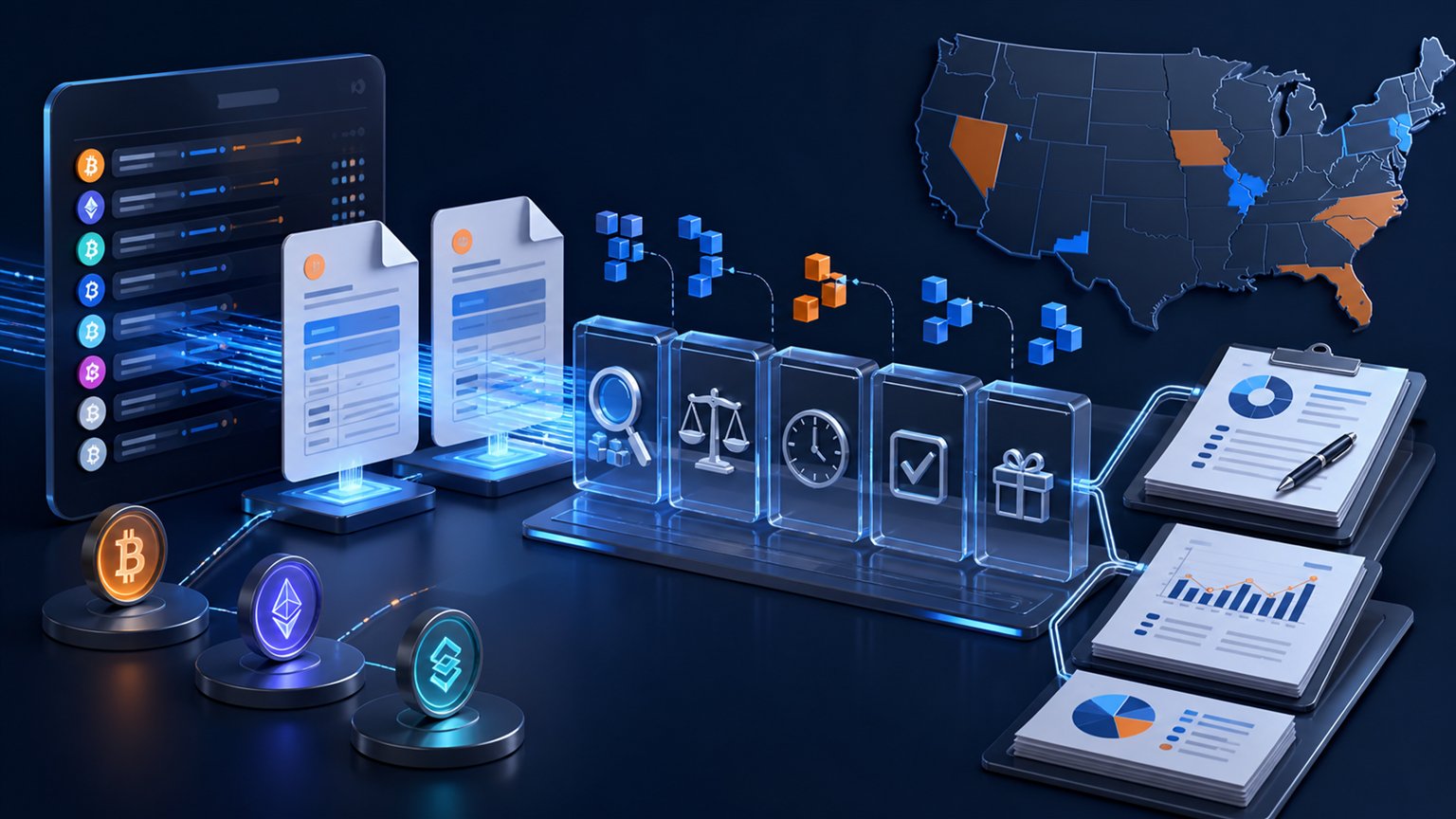 Modern editorial illustration for the crypto tax article “Binance.US Tax Reporting 2026: Forms, Basis and Filing Workflow”