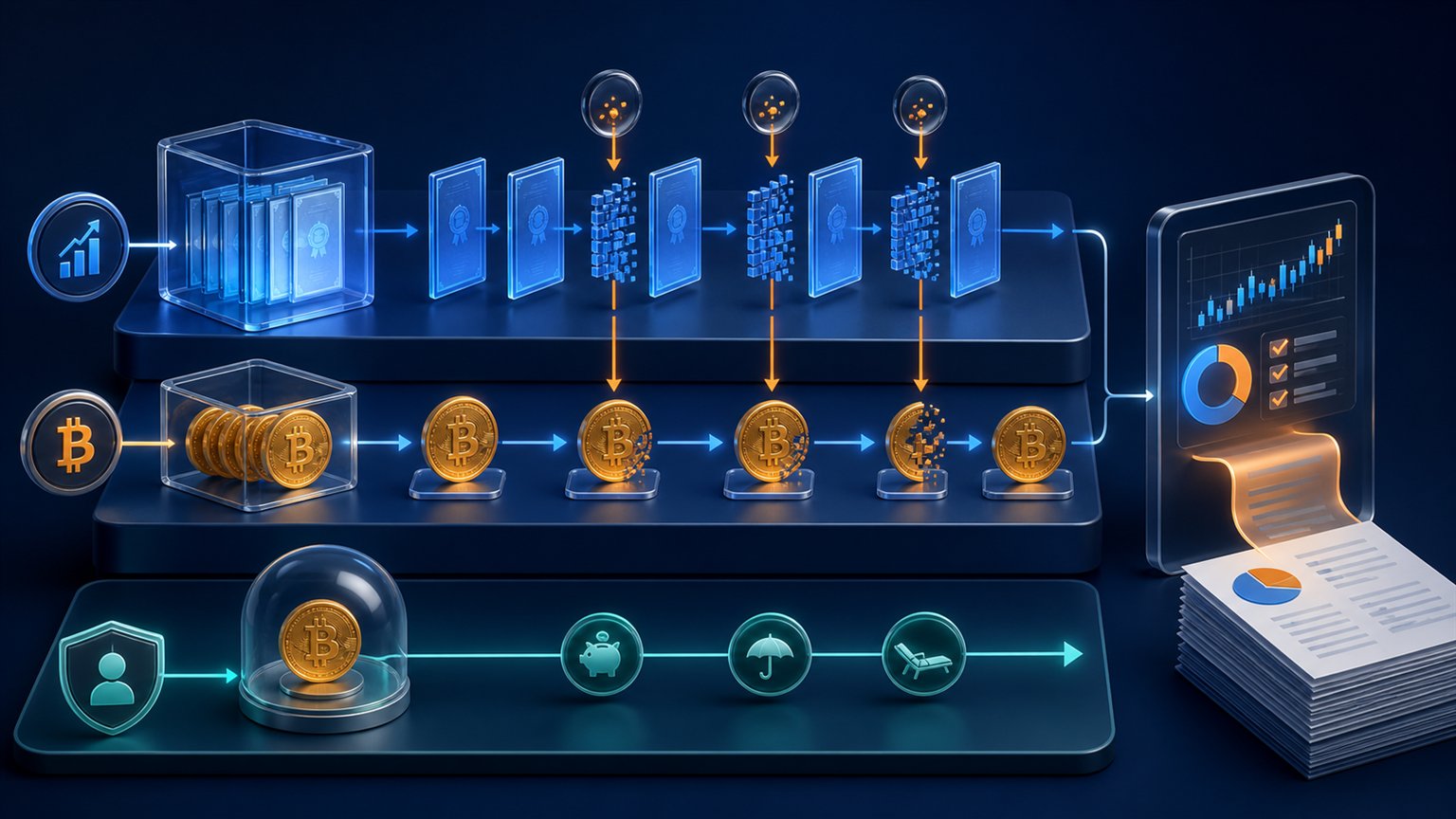 Modern editorial illustration for the crypto tax article “Bitcoin ETF Taxes: Share Sales, Grantor Trust Expenses and IRS Reporting”