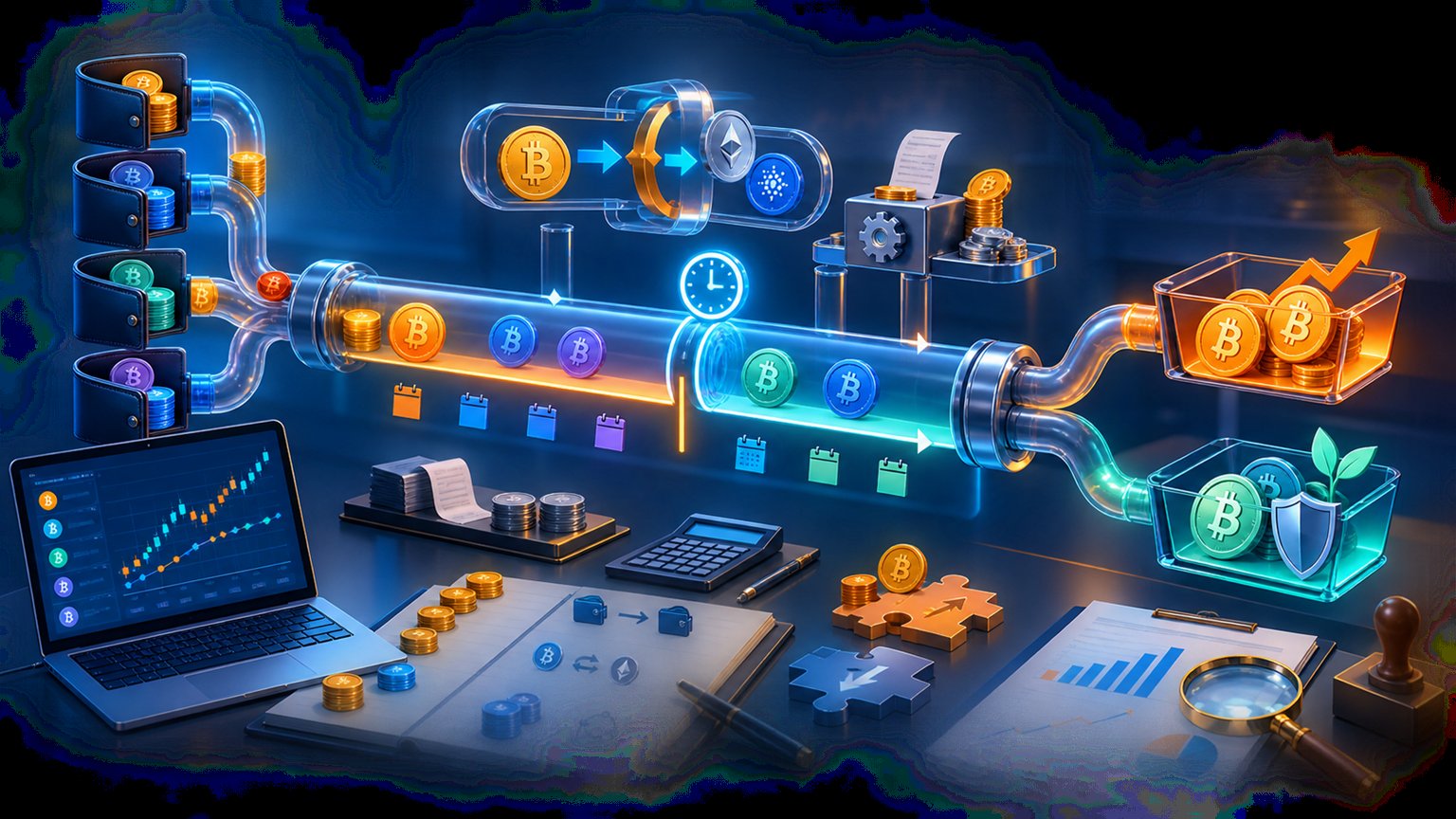 Moderne redaktionelle Illustration zum Artikel „Bitcoin-Steuer 2026 berechnen: Rechenweg mit acht Beispielen“ über Krypto-Steuern