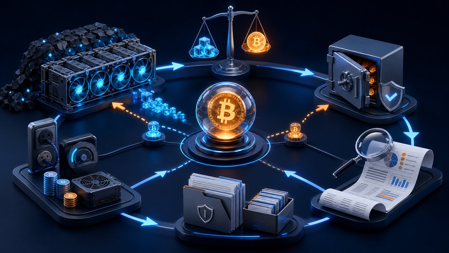 Modern editorial illustration for the crypto tax article “Bitcoin Taxes in 2026: Taxable Events, Cost Basis and IRS Reporting”