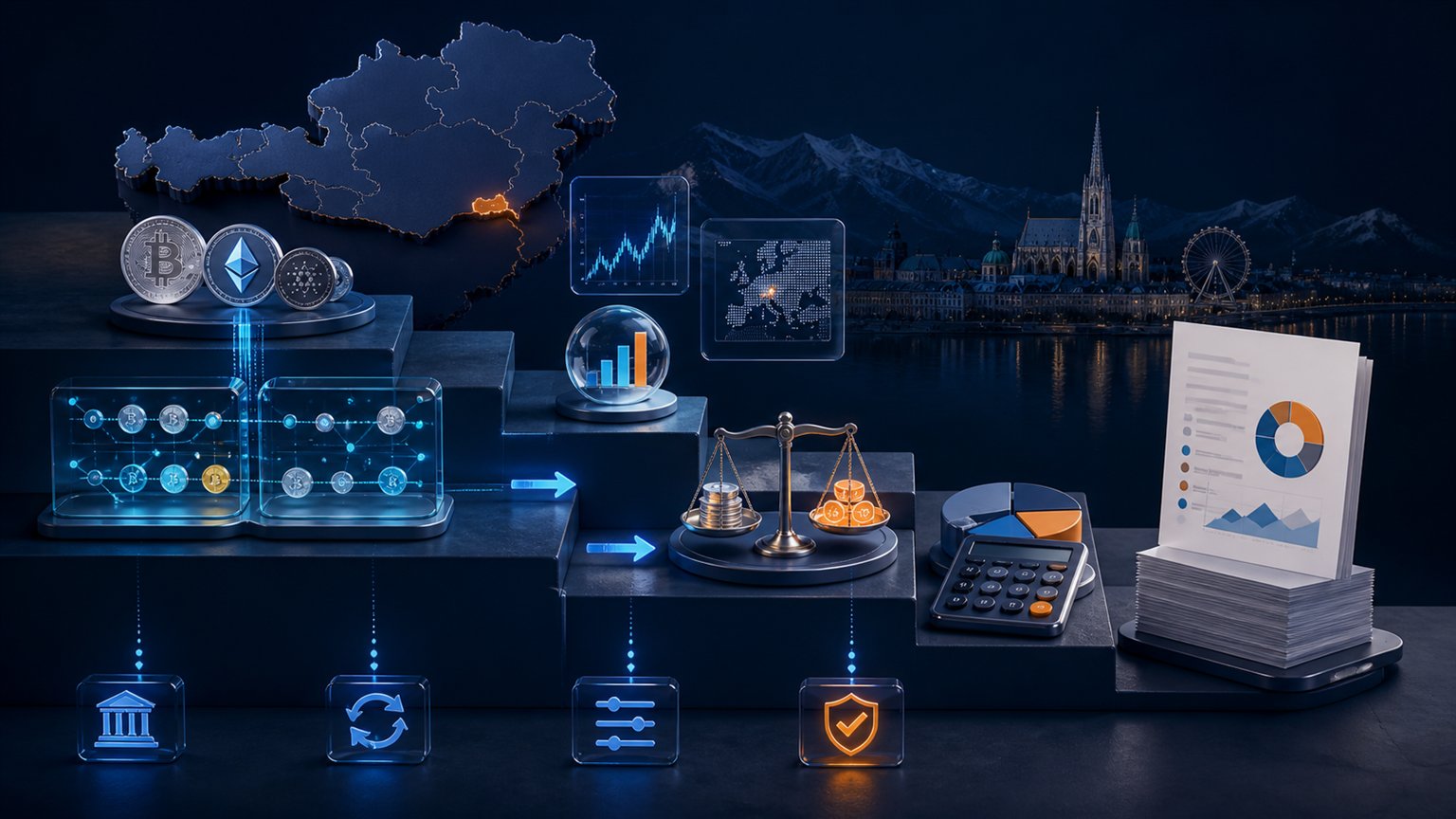 Moderne redaktionelle Illustration zum Artikel „Bitpanda-Steuerbericht 2026 für Österreich: KESt, Kostenbasis und Kontrolle“ über Krypto-Steuern