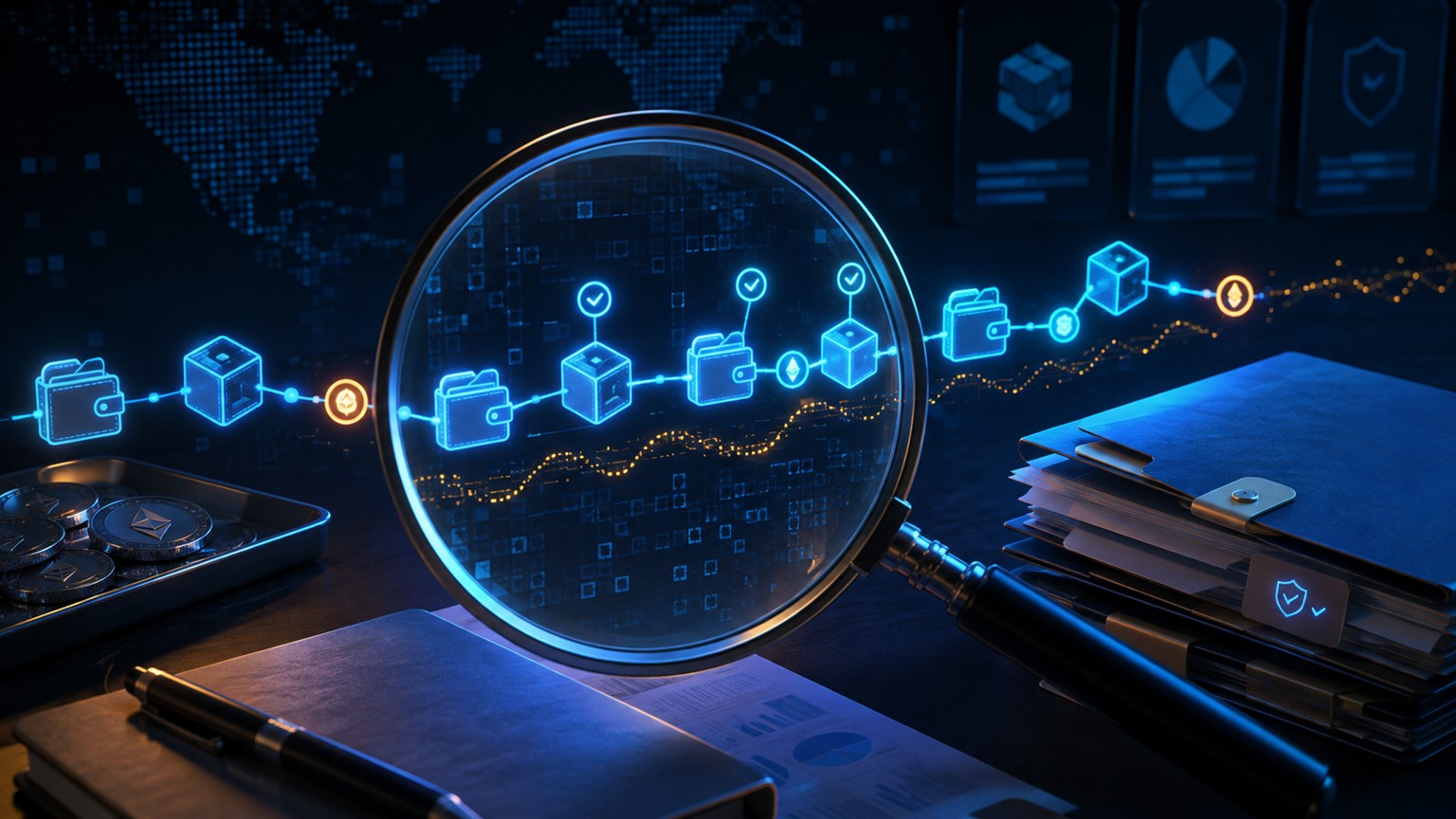 Moderne redaktionelle Illustration zum Artikel „Blockchain-Explorer richtig nutzen: Anleitung für Krypto-Steuerdaten“ über Krypto-Steuern