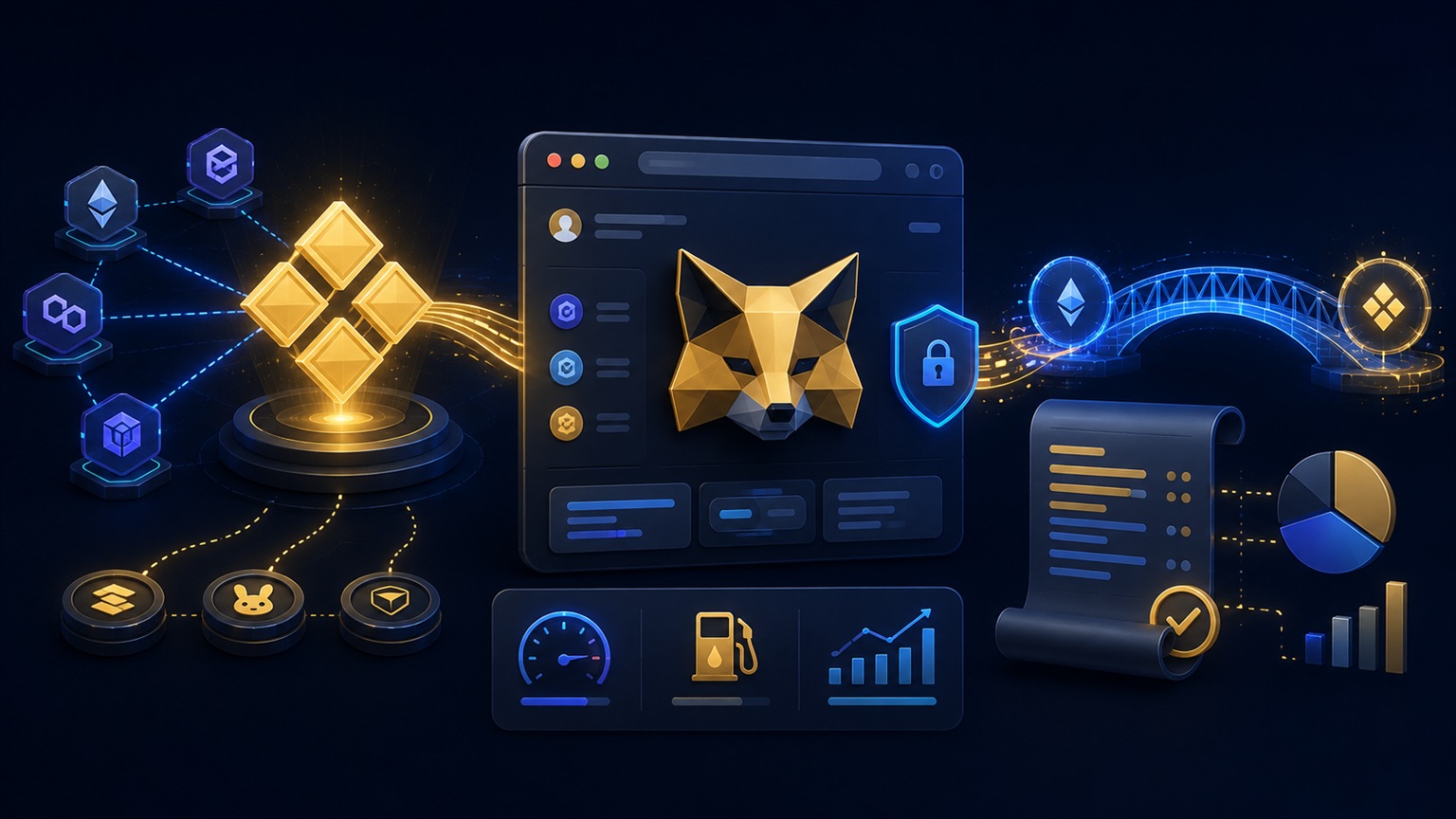 Moderne redaktionelle Illustration zum Artikel „BNB Smart Chain zu MetaMask hinzufügen: sichere Anleitung und Steuerdaten“ über Krypto-Steuern
