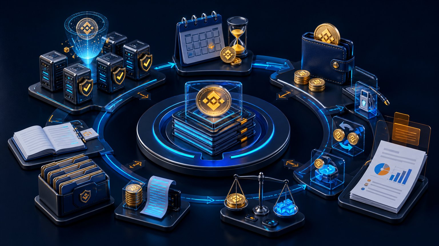 Modern editorial illustration for the crypto tax article “BNB Taxes in the US: Staking, Gas Fees, Swaps and DeFi”