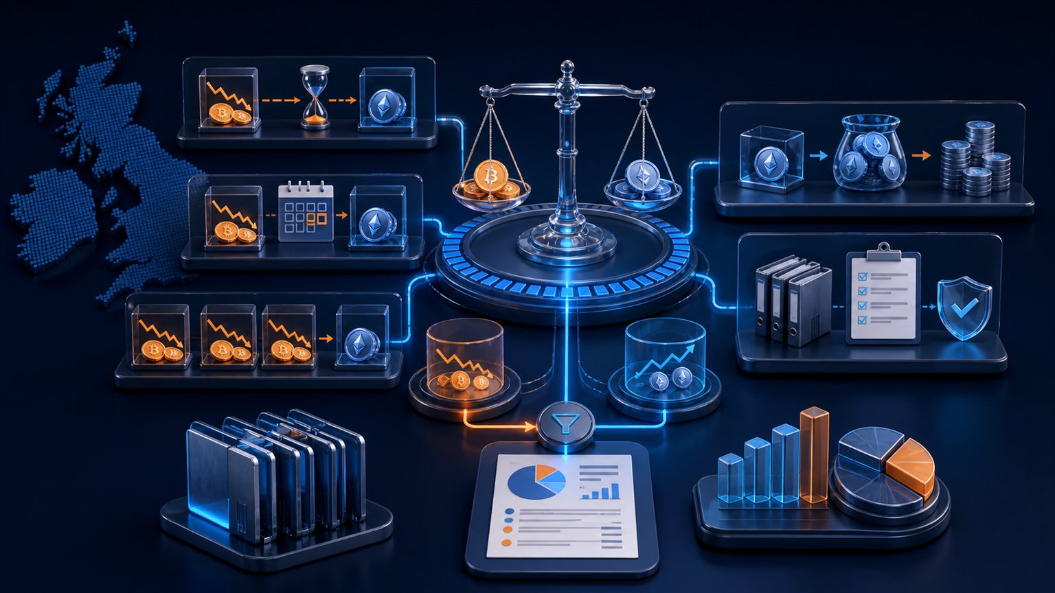Modern editorial illustration for the crypto tax article “UK Crypto Capital Gains Tax: Same-Day, 30-Day and Section 104 Rules”