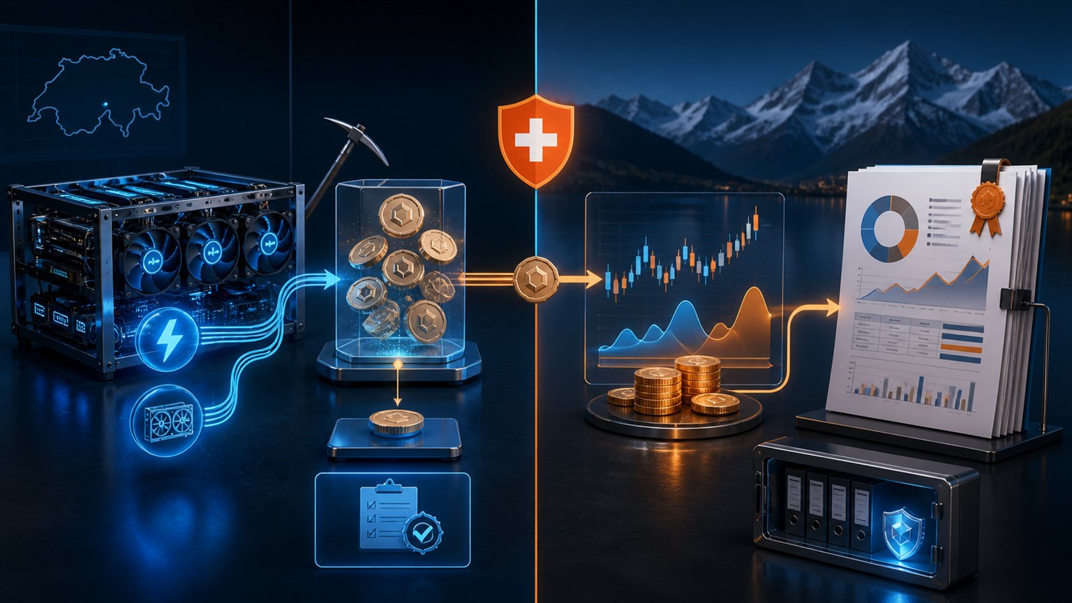 Modern editorial illustration for the crypto tax article “Swiss Crypto Capital Gains or Taxable Income? The 2026 Test”