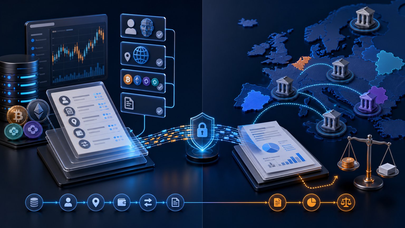 Modern editorial illustration for the crypto tax article “DAC8 en CARF in Nederland: wat cryptodiensten vanaf 2026 melden”