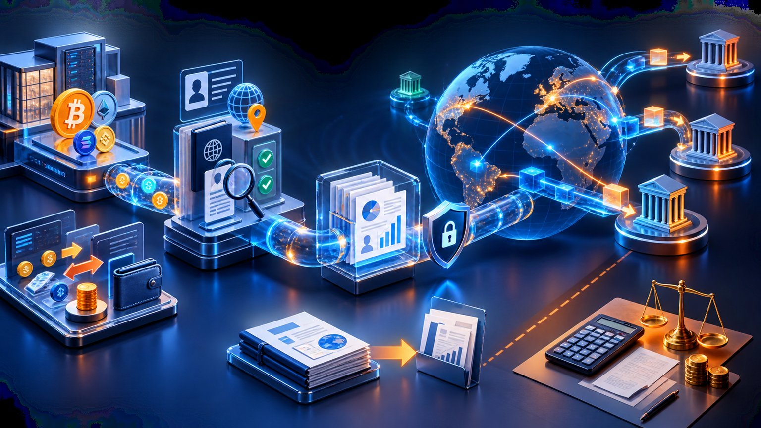 Moderne redaktionelle Illustration zum Artikel „CARF einfach erklärt: Was der Krypto-Datenaustausch ab 2027 bedeutet“ über Krypto-Steuern