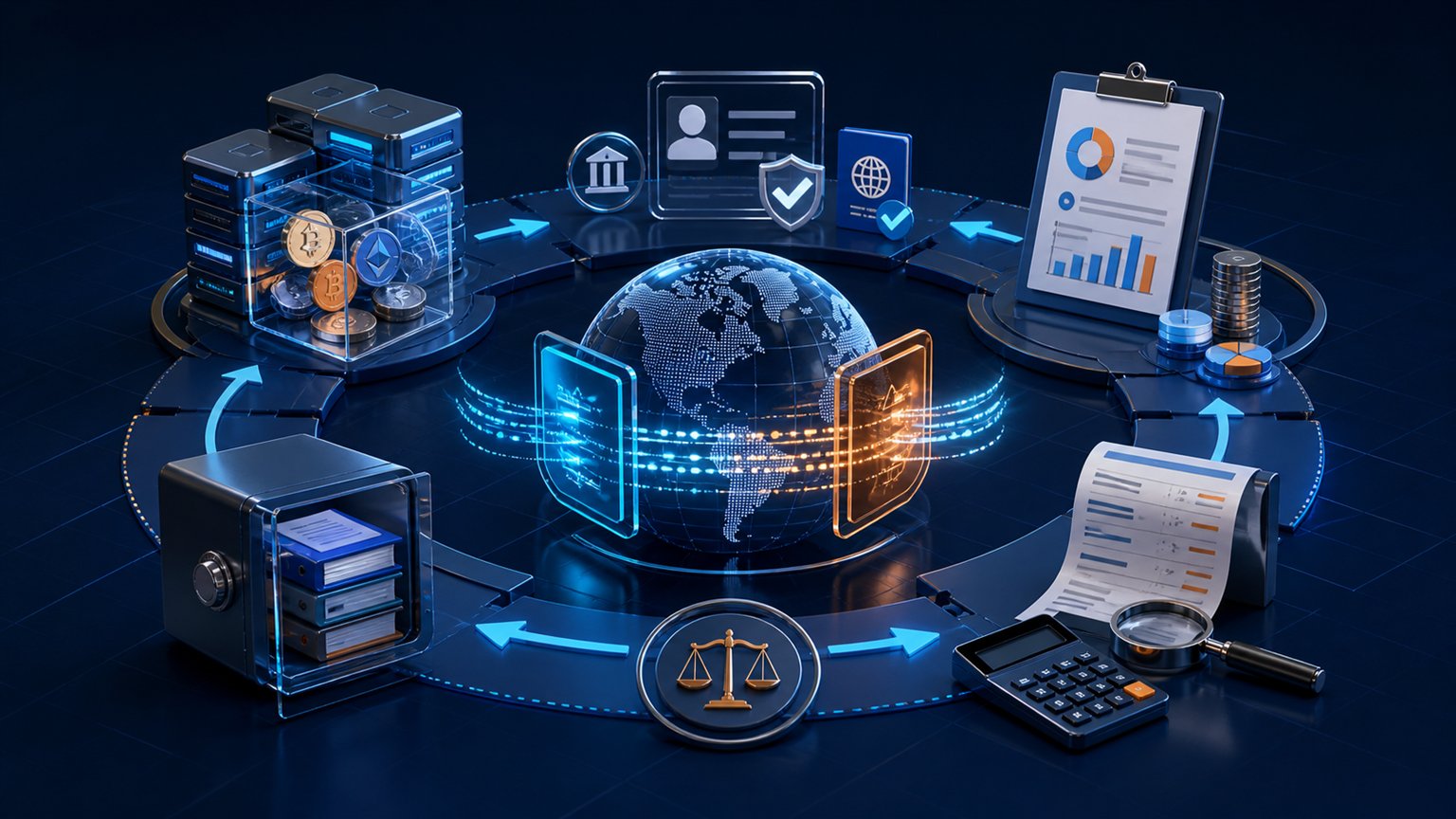 Modern editorial illustration for the crypto tax article “UK CARF 2026: What HMRC Crypto Reporting Really Means”