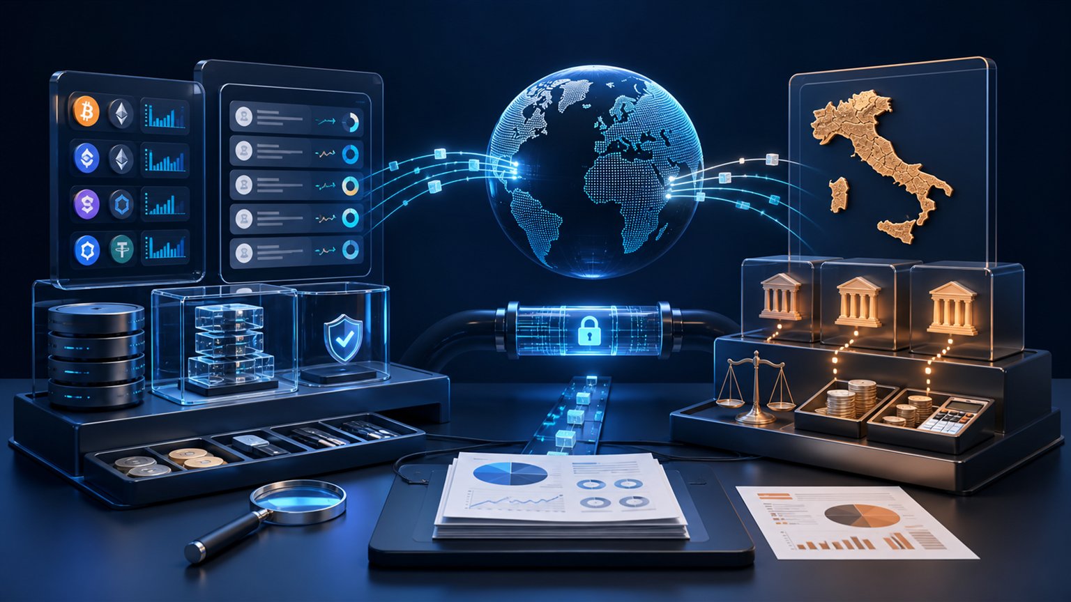 Modern editorial illustration for the crypto tax article “DAC8 e CARF in Italia: cosa cambia davvero dal 2026”