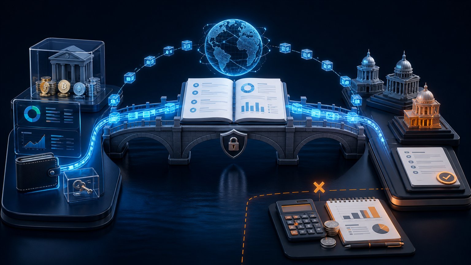 Modern editorial illustration for the crypto tax article “DAC8 y CARF en España: qué reportan los exchanges desde 2026”