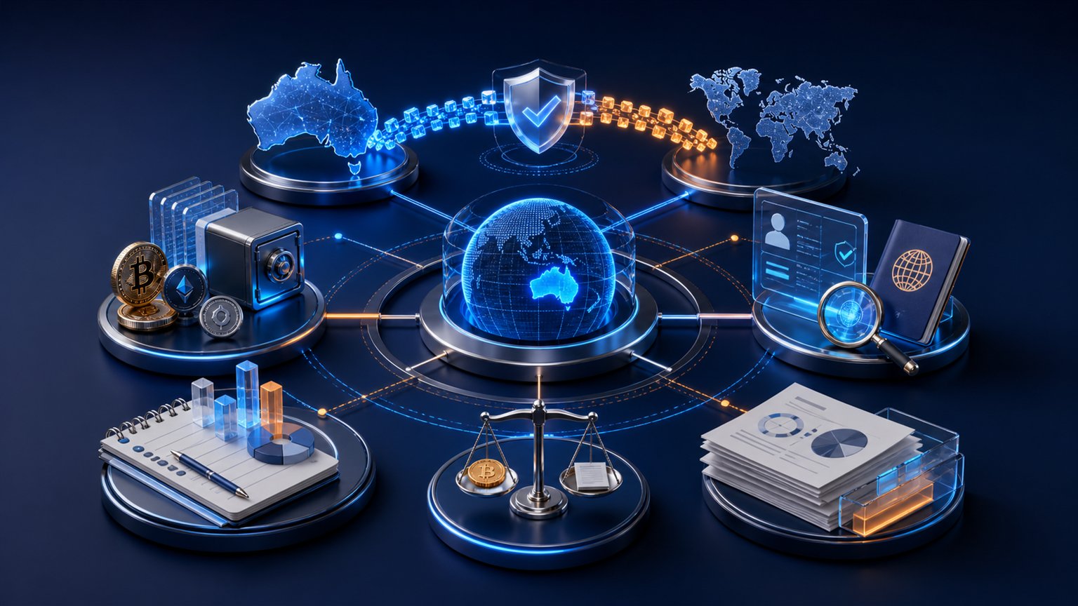 Modern editorial illustration for the crypto tax article “CARF in Australia: 2026 Status, Reporting Scope and ATO Records”
