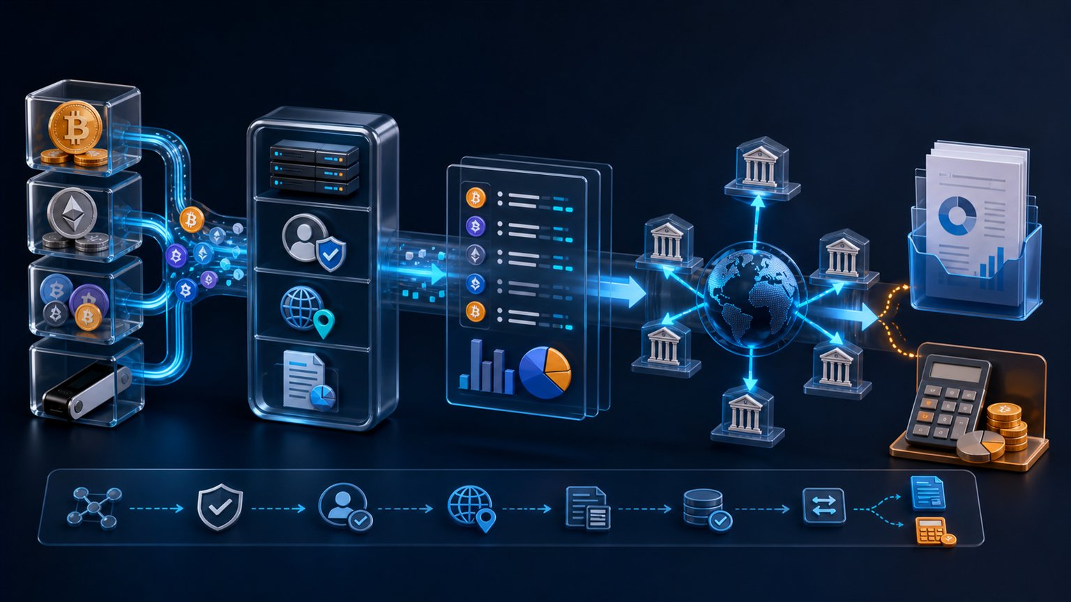 Modern editorial illustration for the crypto tax article “Poland DAC8 and CARF: Crypto Reporting from 2026”