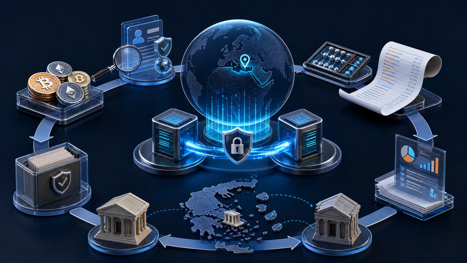 Modern editorial illustration for the crypto tax article “Greece DAC8 and CARF: What Providers Report from 2026”