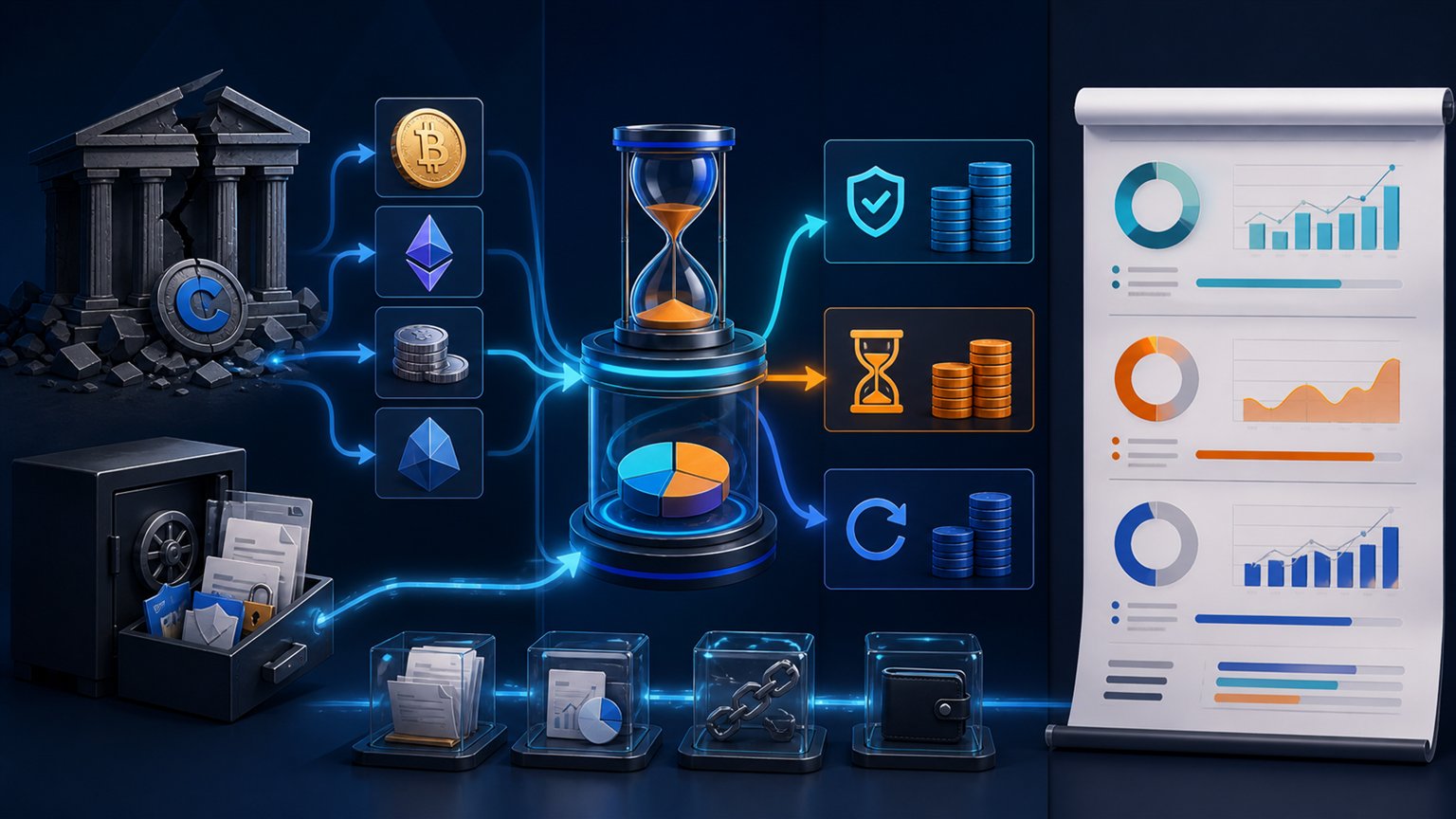 Modern editorial illustration for the crypto tax article “Celsius Bankruptcy Tax Treatment: A US Creditor Working Guide”