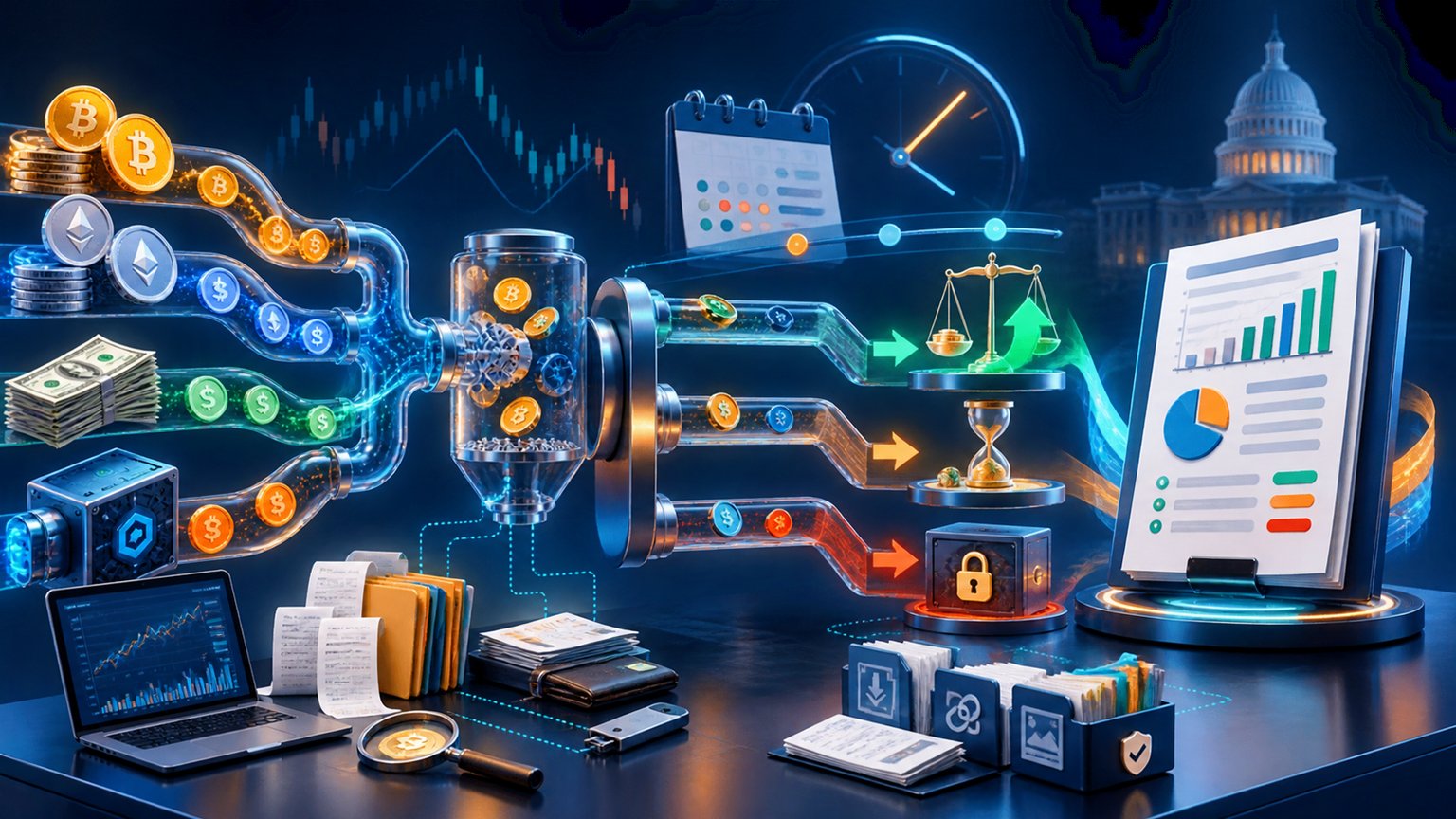 Modern editorial illustration for the crypto tax article “Celsius Taxes 2026: Earn Income, Distributions and Losses”