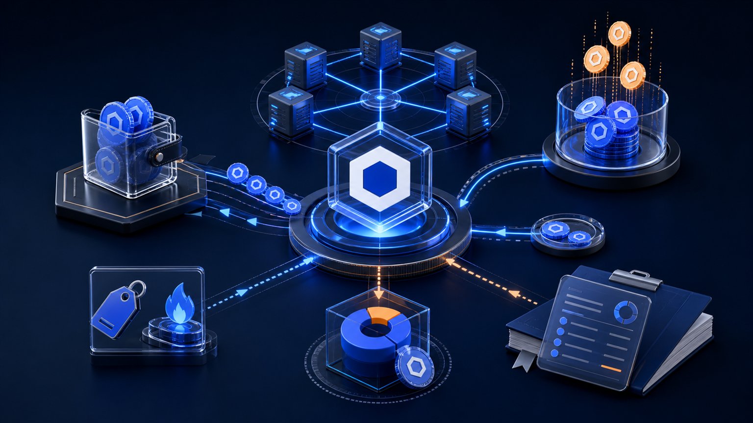 Modern editorial illustration for the crypto tax article “Chainlink (LINK) Taxes 2026: Sales, Staking and Form 8949”