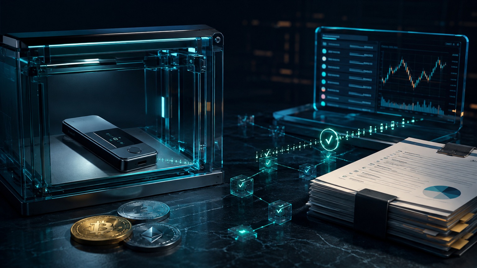 Moderne redaktionelle Illustration zum Artikel „Cold Wallet 2026: Krypto sicher verwahren und steuerlich dokumentieren“ über Krypto-Steuern