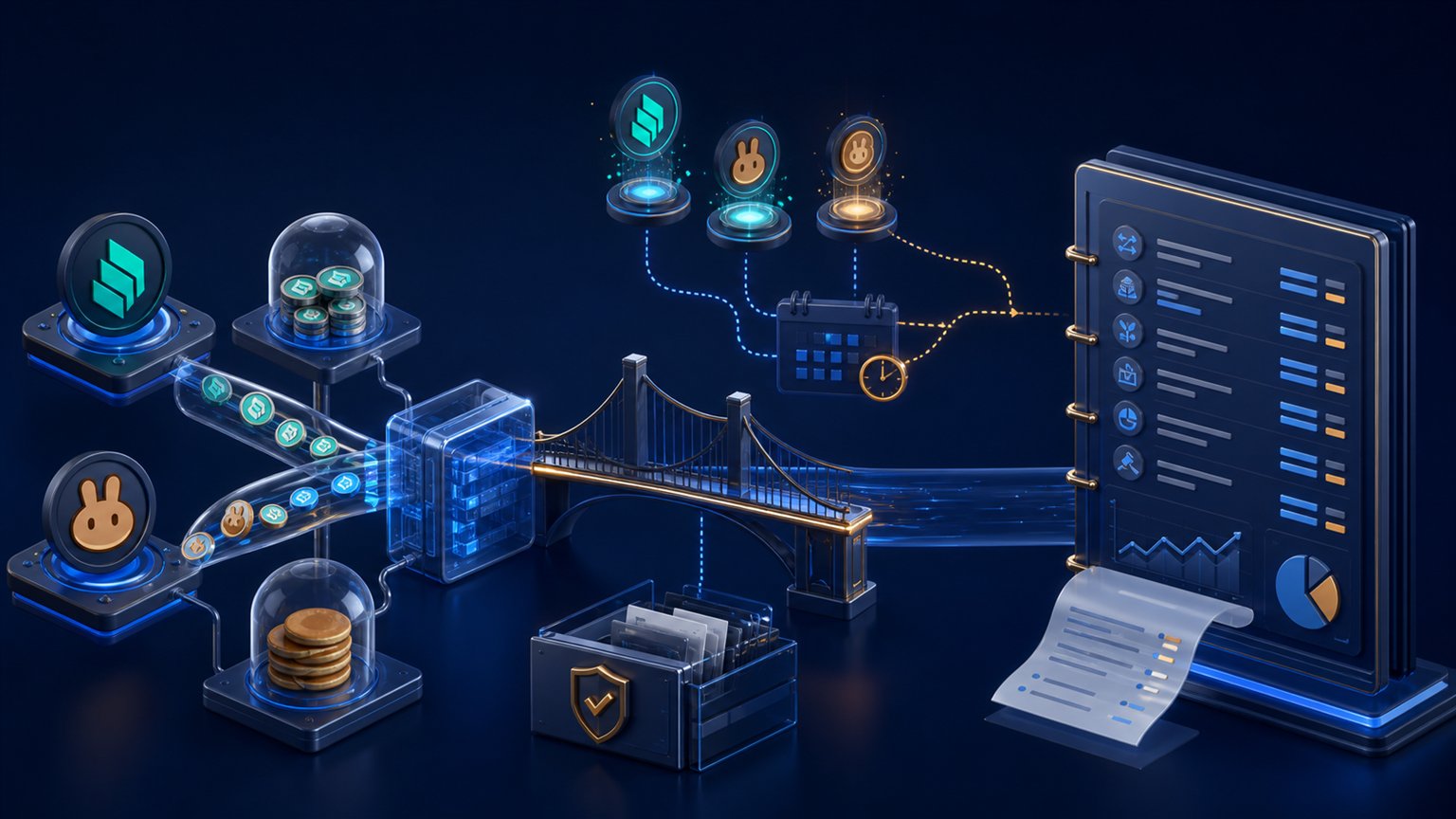 Modern editorial illustration for the crypto tax article “Compound and PancakeSwap taxes in the US: a transaction-by-transaction guide”