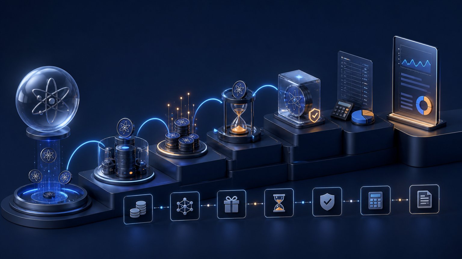 Modern editorial illustration for the crypto tax article “Cosmos ATOM Taxes 2026: Staking, IBC and Filing”