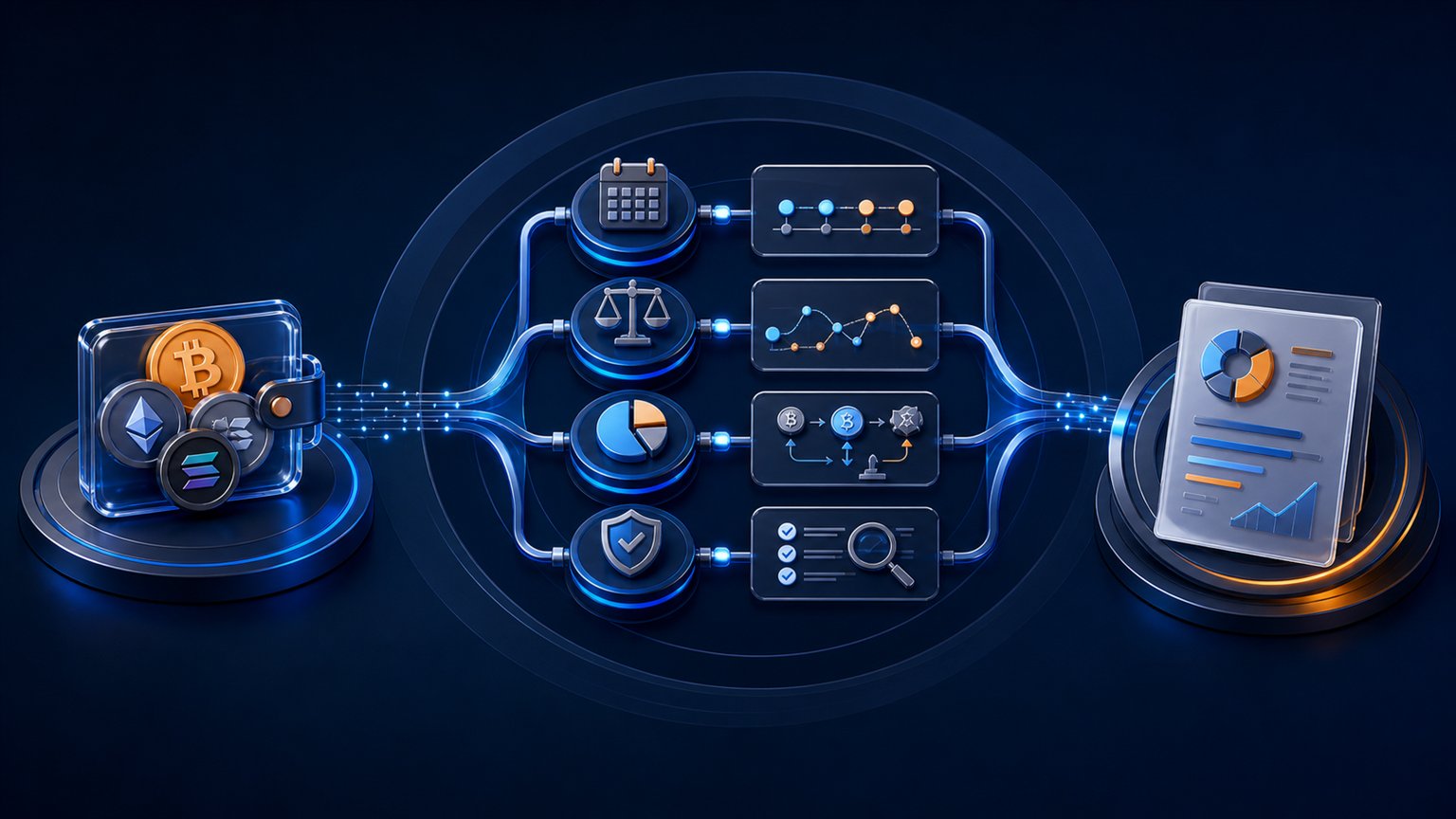 Modern editorial illustration for the crypto tax article “Dichiarazione Crypto Italia 2026: Tasse, Quadri e Controlli”