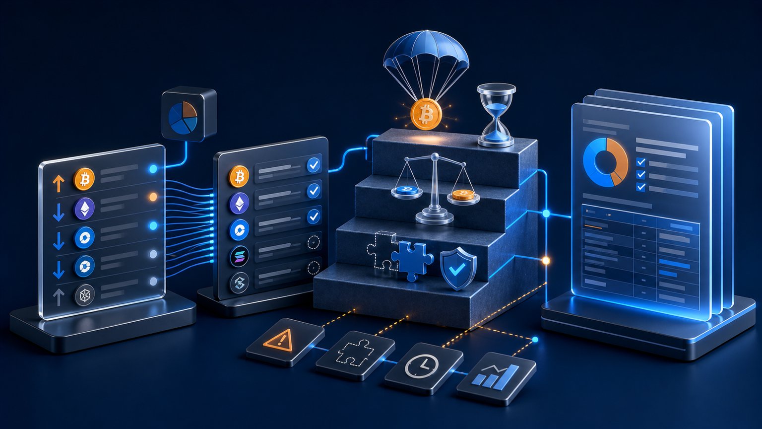 Modern editorial illustration for the crypto tax article “Crypto Airdrop Taxes 2026: Income, Basis and Filing”