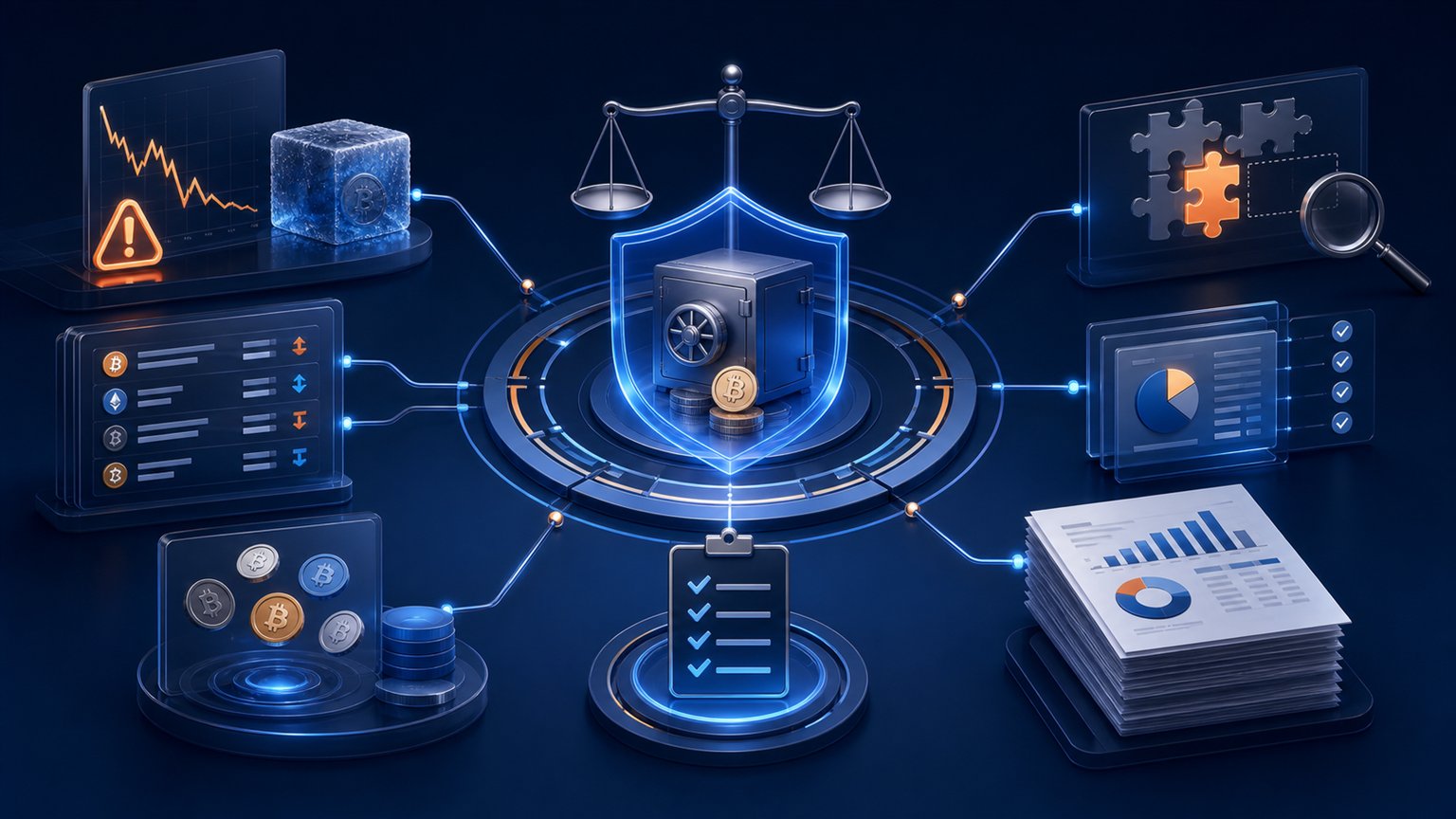 Modern editorial illustration for the crypto tax article “Crypto Exchange Bankruptcy Losses: When US Tax Relief Applies”