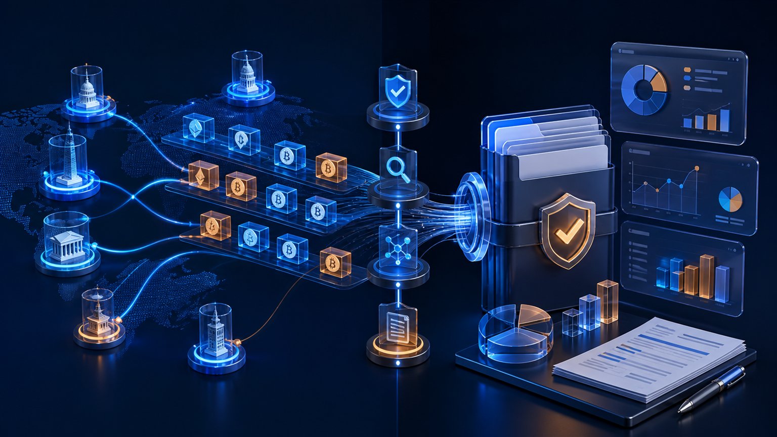 Modern editorial illustration for the crypto tax article “Crypto Belasting in België 2026: van Aangifte 2025 tot de Nieuwe Meerwaardebelasting”