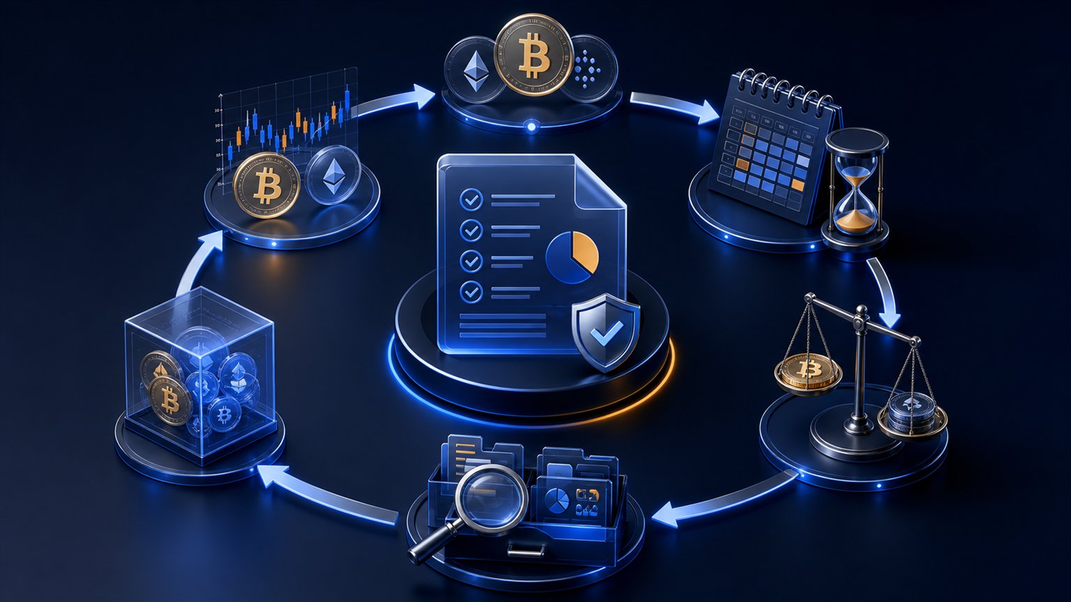 Modern editorial illustration for the crypto tax article “Crypto belasting in Nederland, Duitsland en Zwitserland vergeleken”
