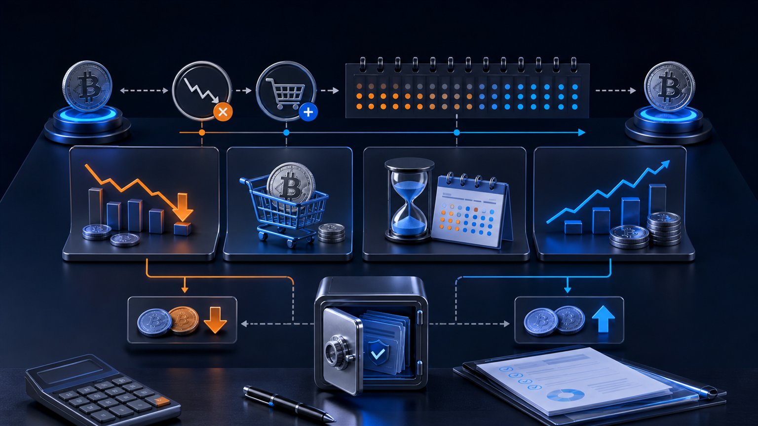 Modern editorial illustration for the crypto tax article “Australian crypto CGT 2026: calculate capital gains step by step”