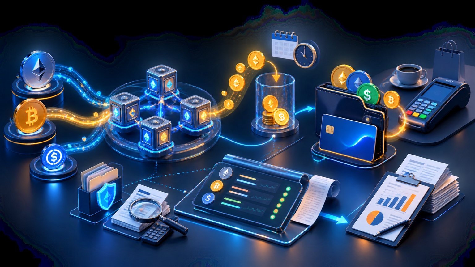 Modern editorial illustration for the crypto tax article “Crypto Debit Card Taxes in 2026: Payments, Rewards and Form 8949”