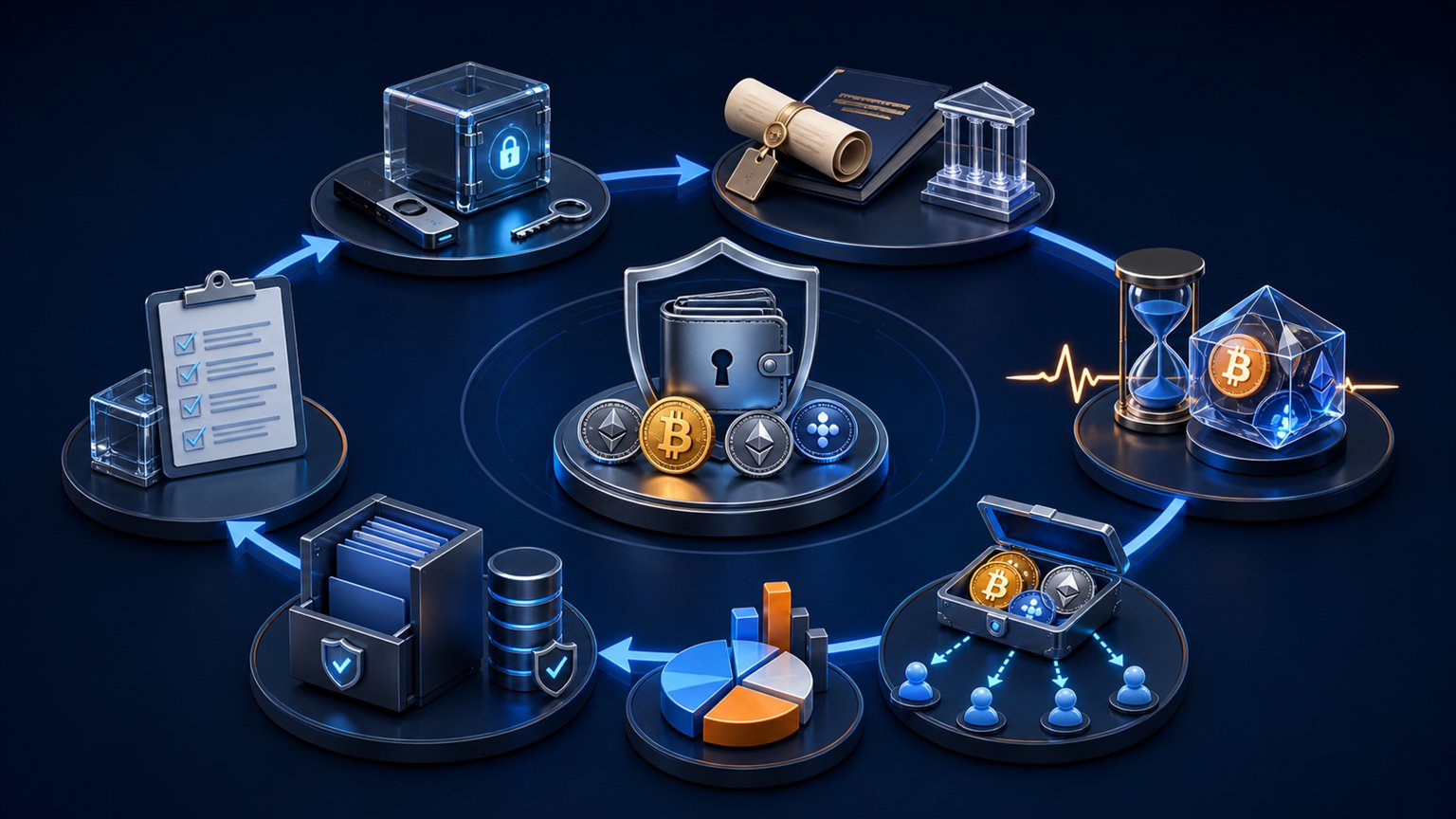 Modern editorial illustration for the crypto tax article “Crypto Estate Planning: Access, Inherited Basis and US Tax Rules”