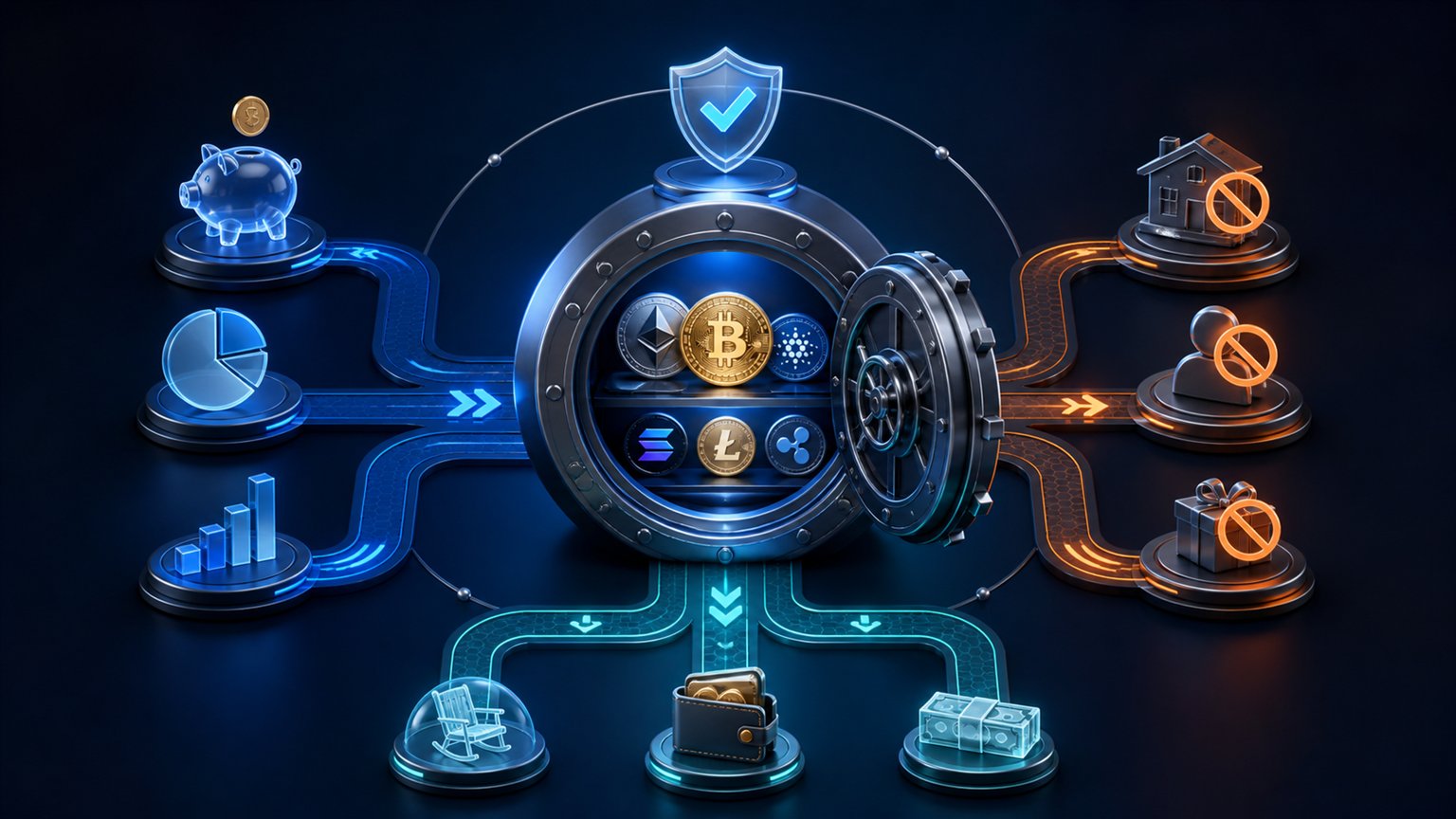 Modern editorial illustration for the crypto tax article “Crypto in a Self-Directed IRA: Roth, Traditional and 2026 Rules”