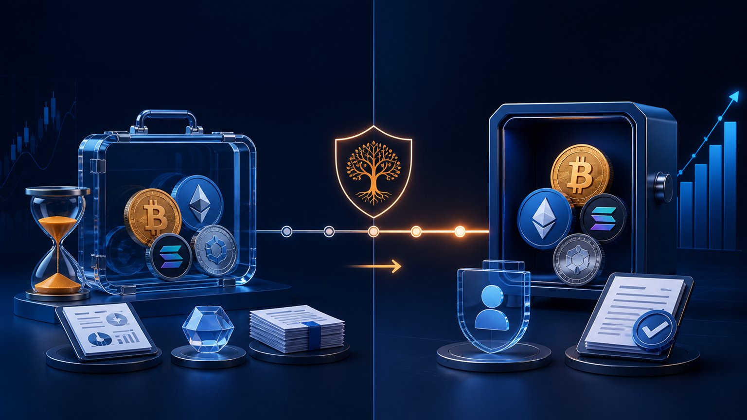 Modern editorial illustration for the crypto tax article “Inherited crypto taxes in the US: basis, estate and reporting for 2026”