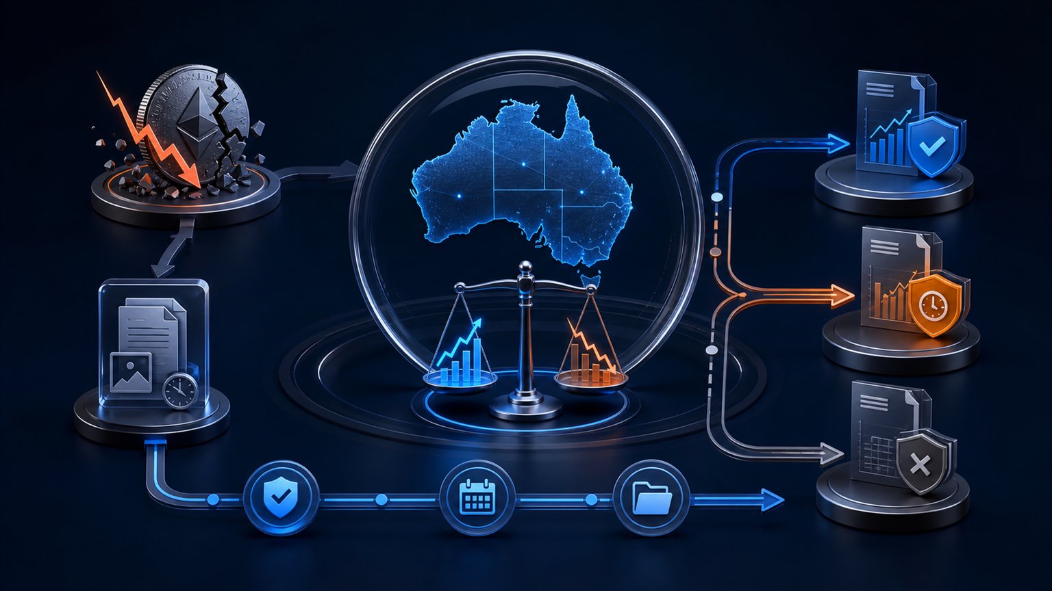 Modern editorial illustration for the crypto tax article “Crypto Losses in Australia: Offsets, Carry-Forward and ATO Rules”