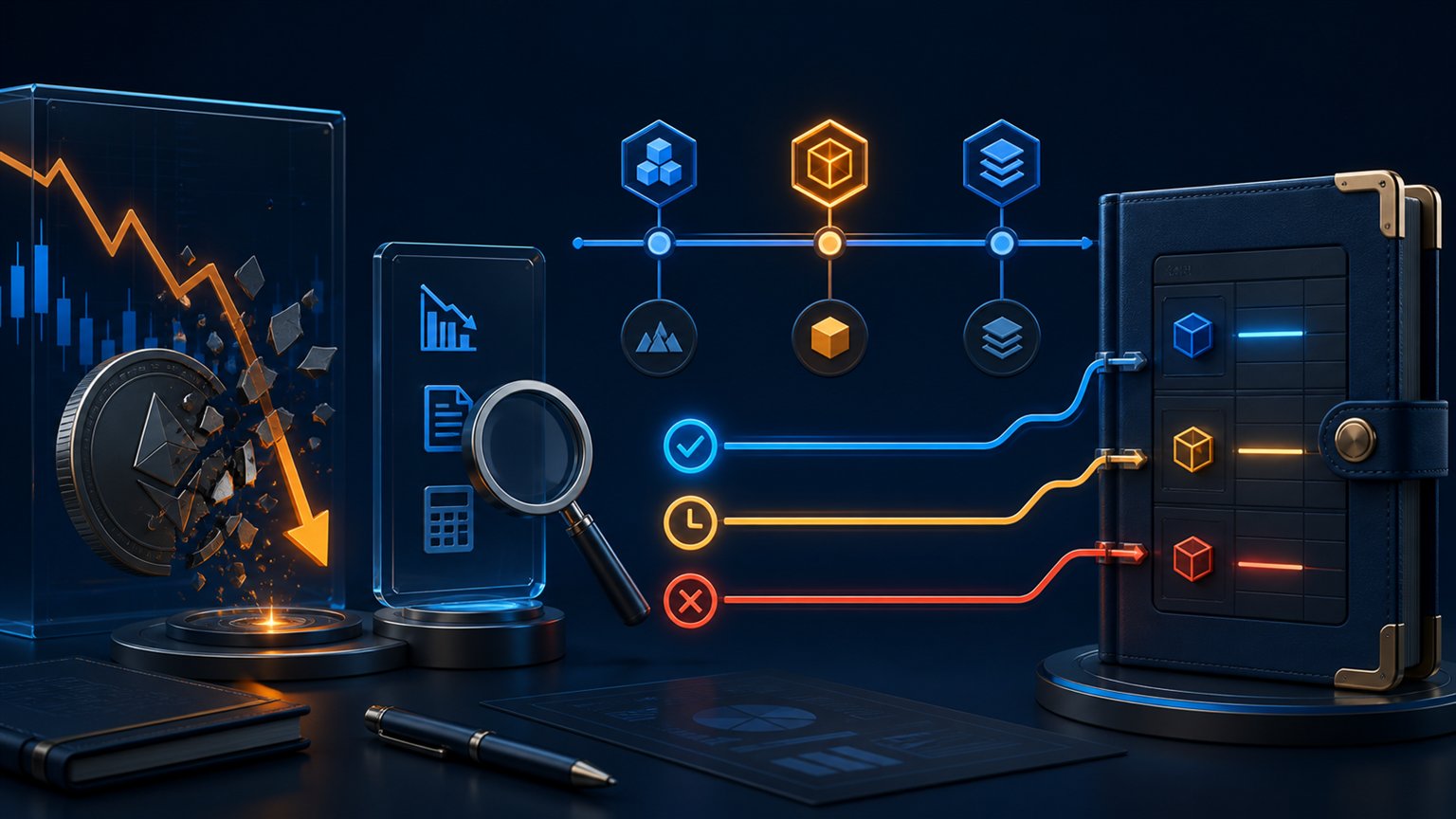 Modern editorial illustration for the crypto tax article “Crypto losses in Belgium in 2026: what can actually be offset?”